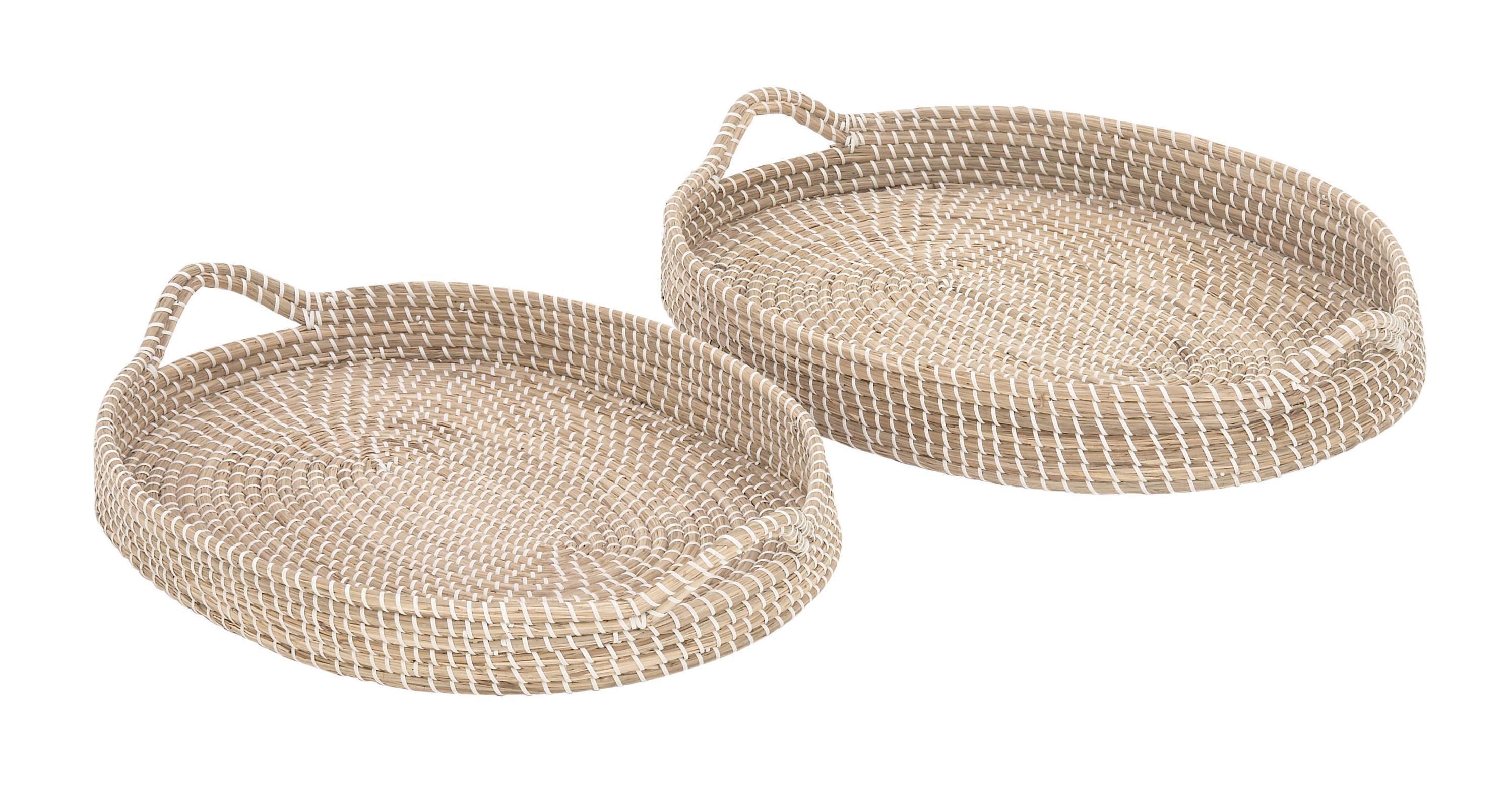 Set of 2 Oval Natural Seagrass Trays with Handles White/Brown - Olivia & May: Bohemian Woven Basket, Indoor Decor