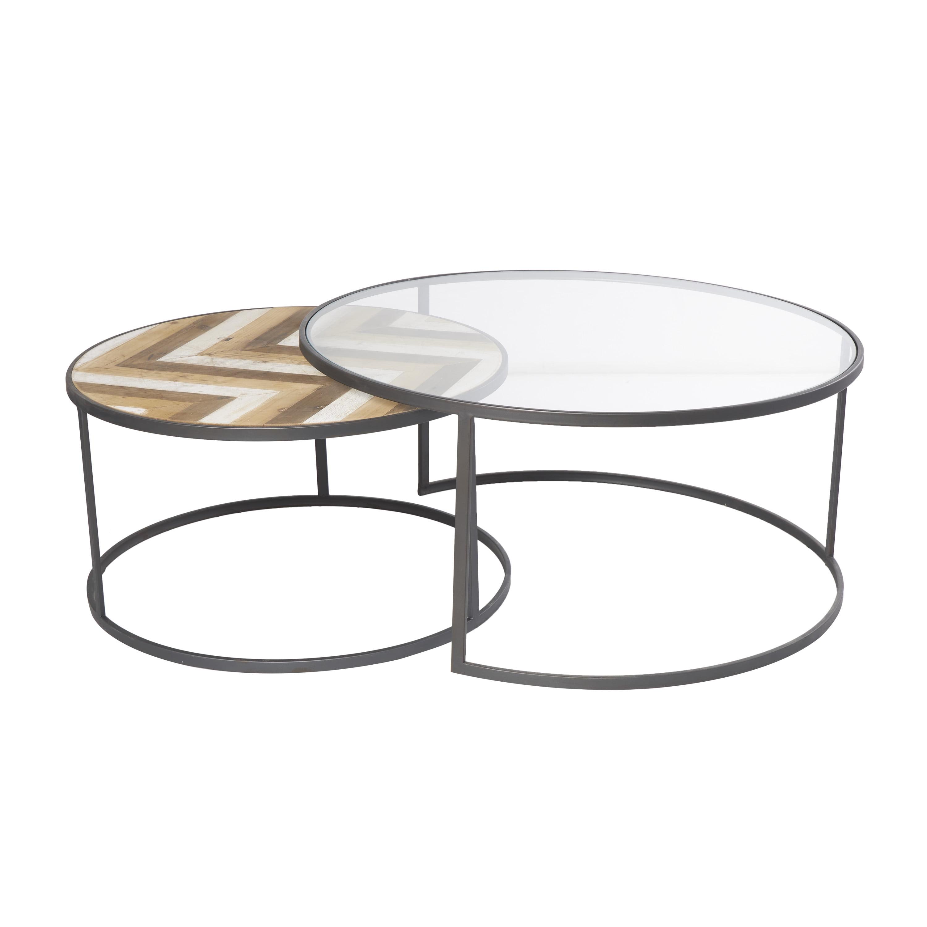 Gray and Brown Round Wood and Glass Nesting Coffee Tables