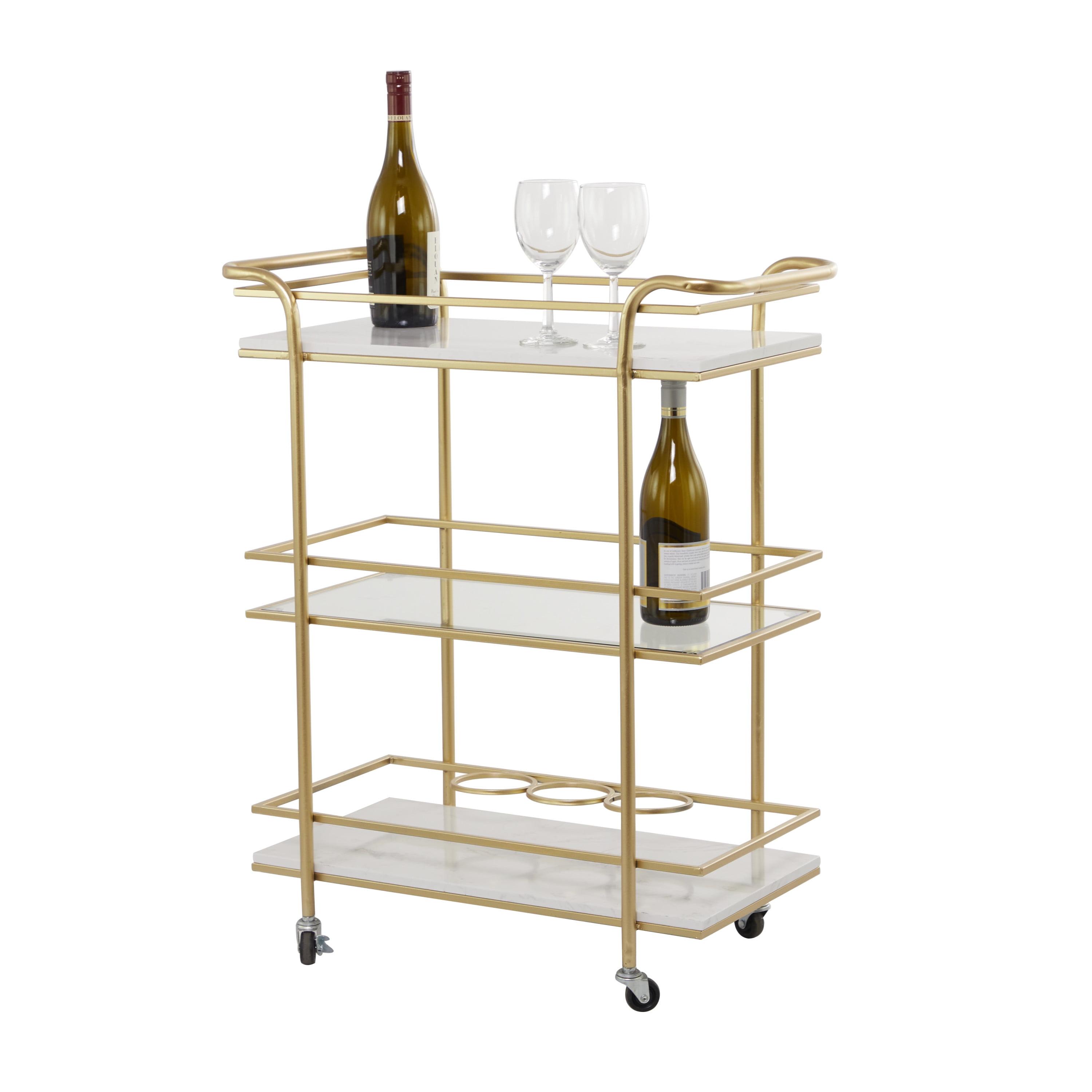 Gold Marble and Glass 3-Tier Rolling Bar Cart with Wine Rack