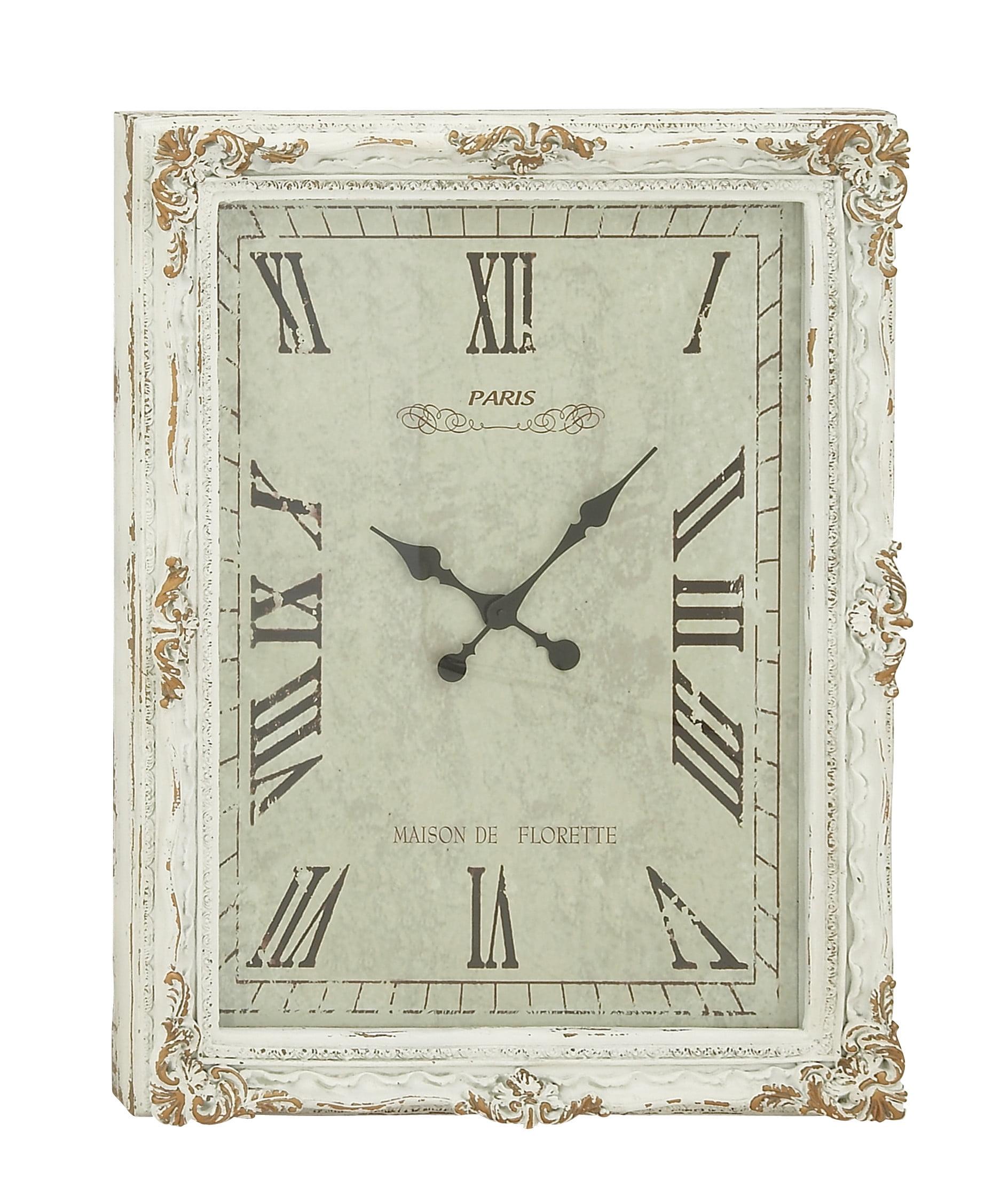 DecMode 27" x 36" White Wood Floral Carved Acanthus Wall Clock with Distressing