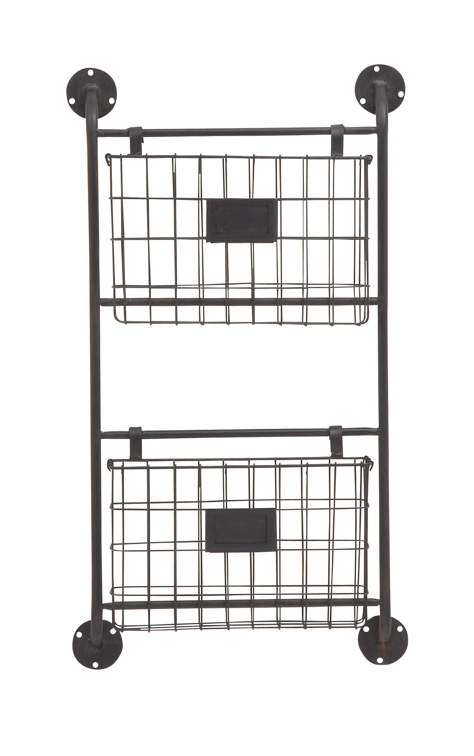 Black Metal Wall Mounted 2-Tier Magazine Rack with Label Slots