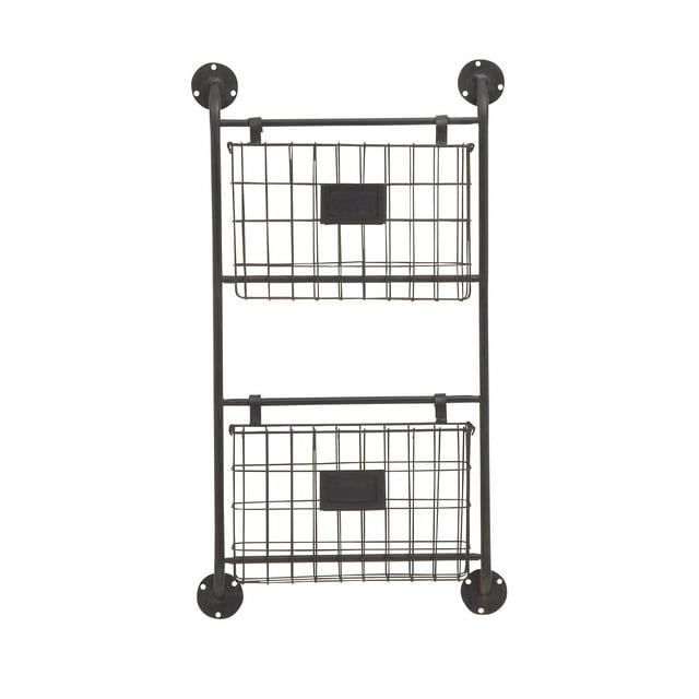 DecMode 28" Black Metal 2 Slots Suspended Wire Basket Magazine Rack Holder with Suspended Baskets and Label Slot