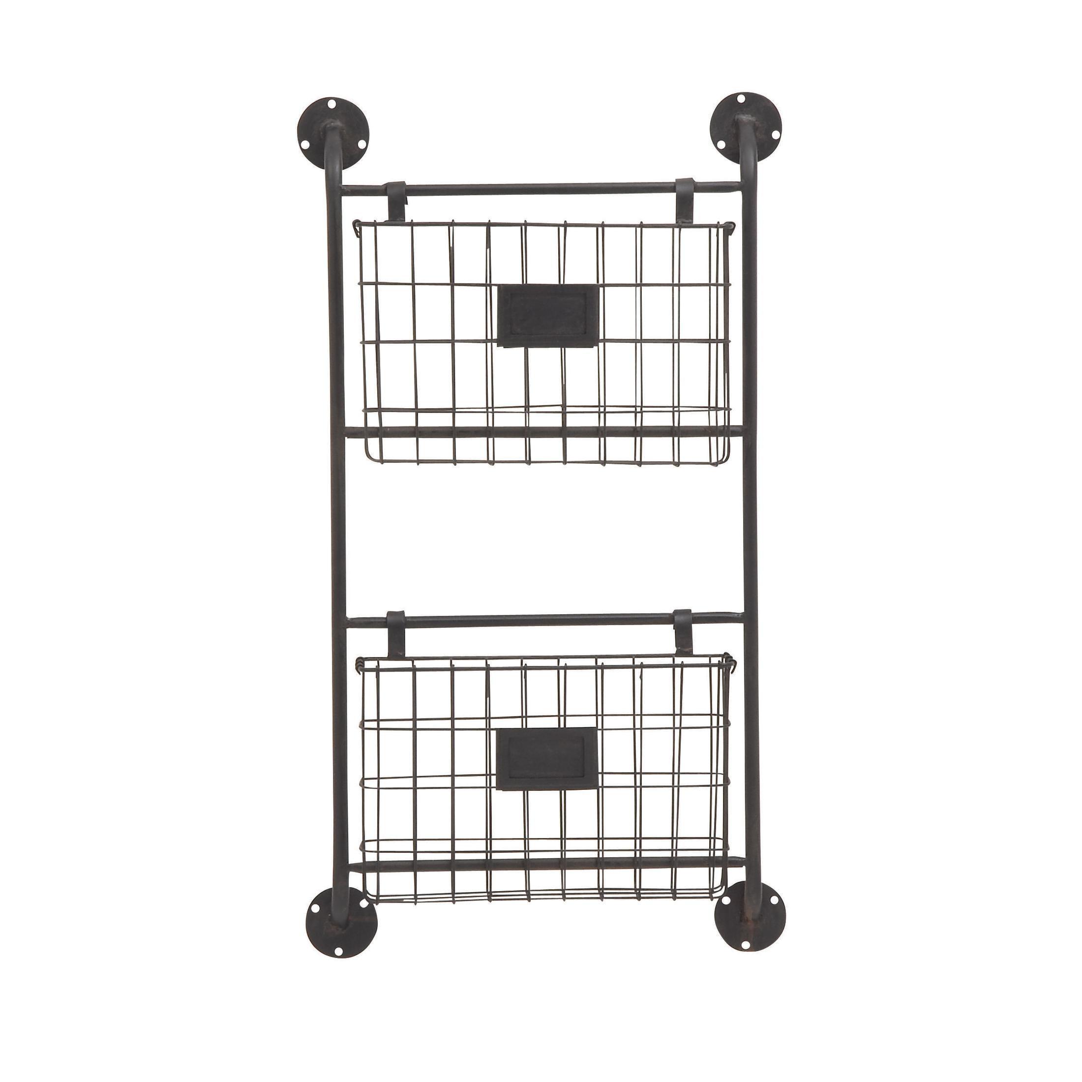 DecMode 28" Black Metal 2 Slots Suspended Wire Basket Magazine Rack Holder with Suspended Baskets and Label Slot