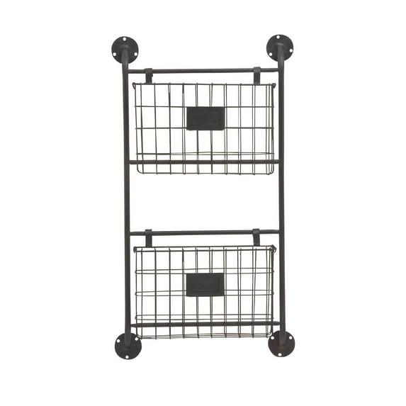 DecMode 28" Black Metal 2 Slots Suspended Wire Basket Magazine Rack Holder with Suspended Baskets and Label Slot