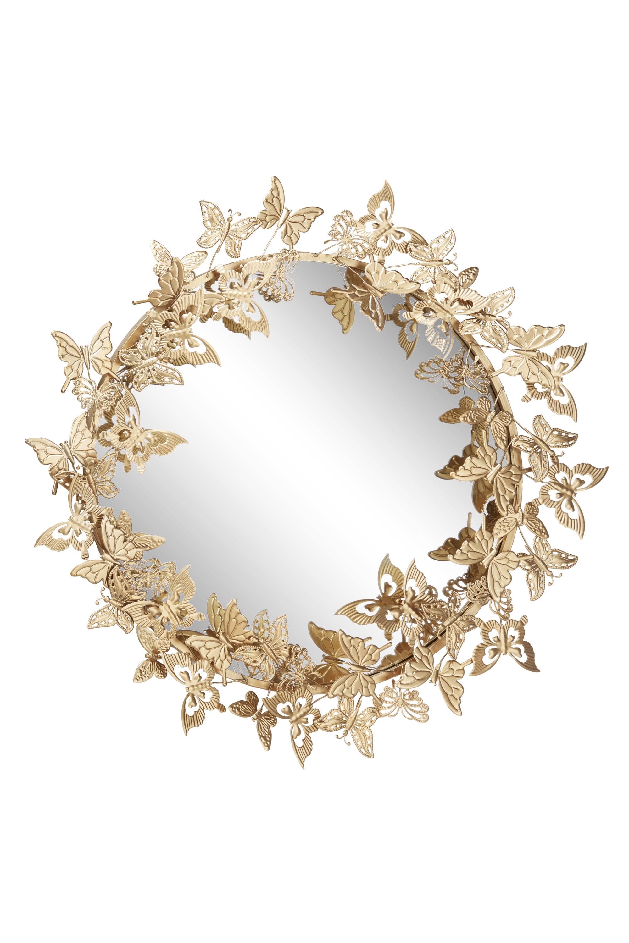 27.5" Round Wood & Gold 3D Butterfly Glam Wall Mirror