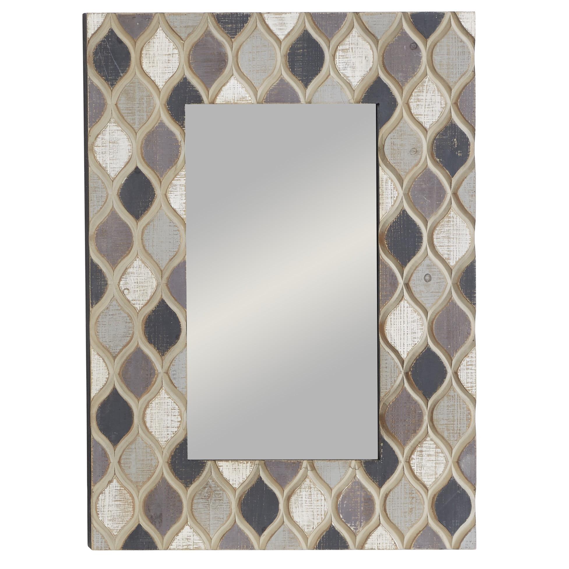 Beige Farmhouse Wood Wall Mirror with Diamond Pattern 28" x 40"