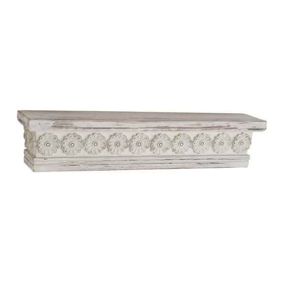DecMode 28" x 5" Intricate Carved 1-Tier White Floral Wall Shelf