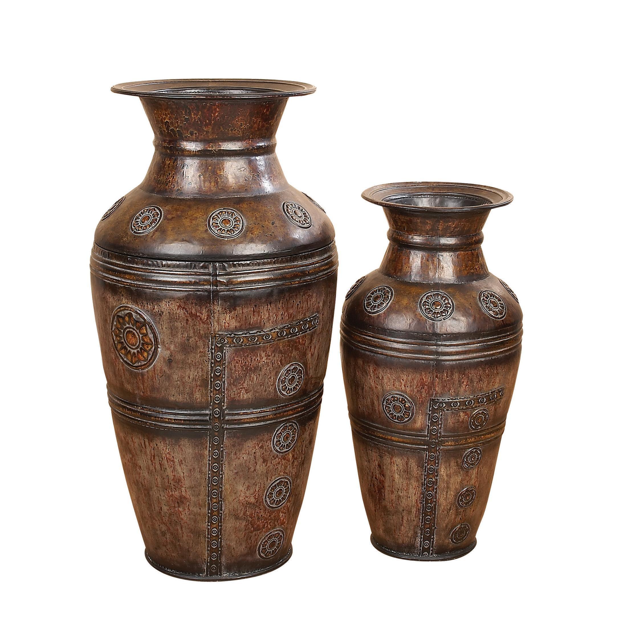 DecMode 29", 22"H Floral Indoor Outdoor Large Brown Metal Vase with Evil Eye Relief, Set of 2