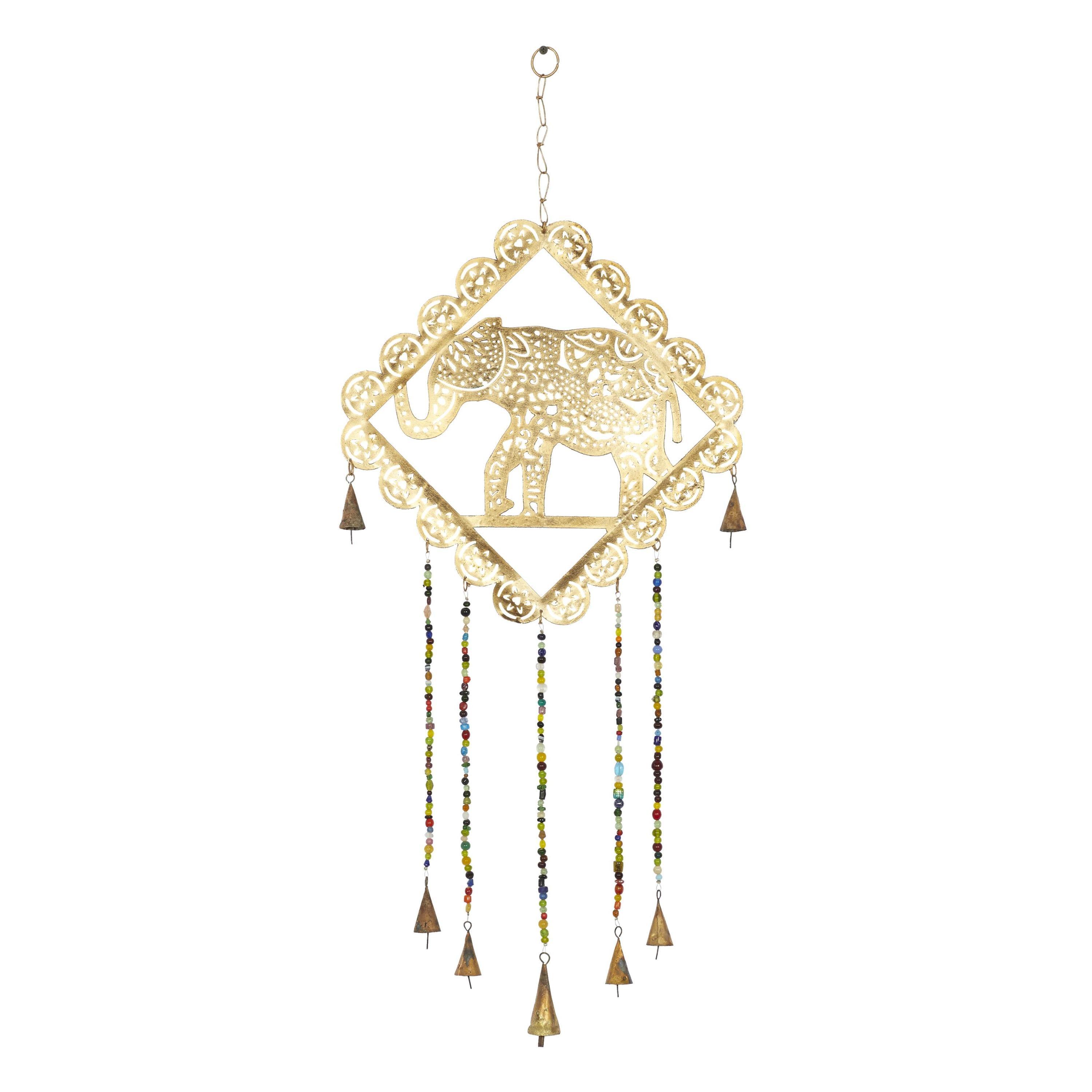 Gold Metal Elephant Windchime with Glass Beads and Bells