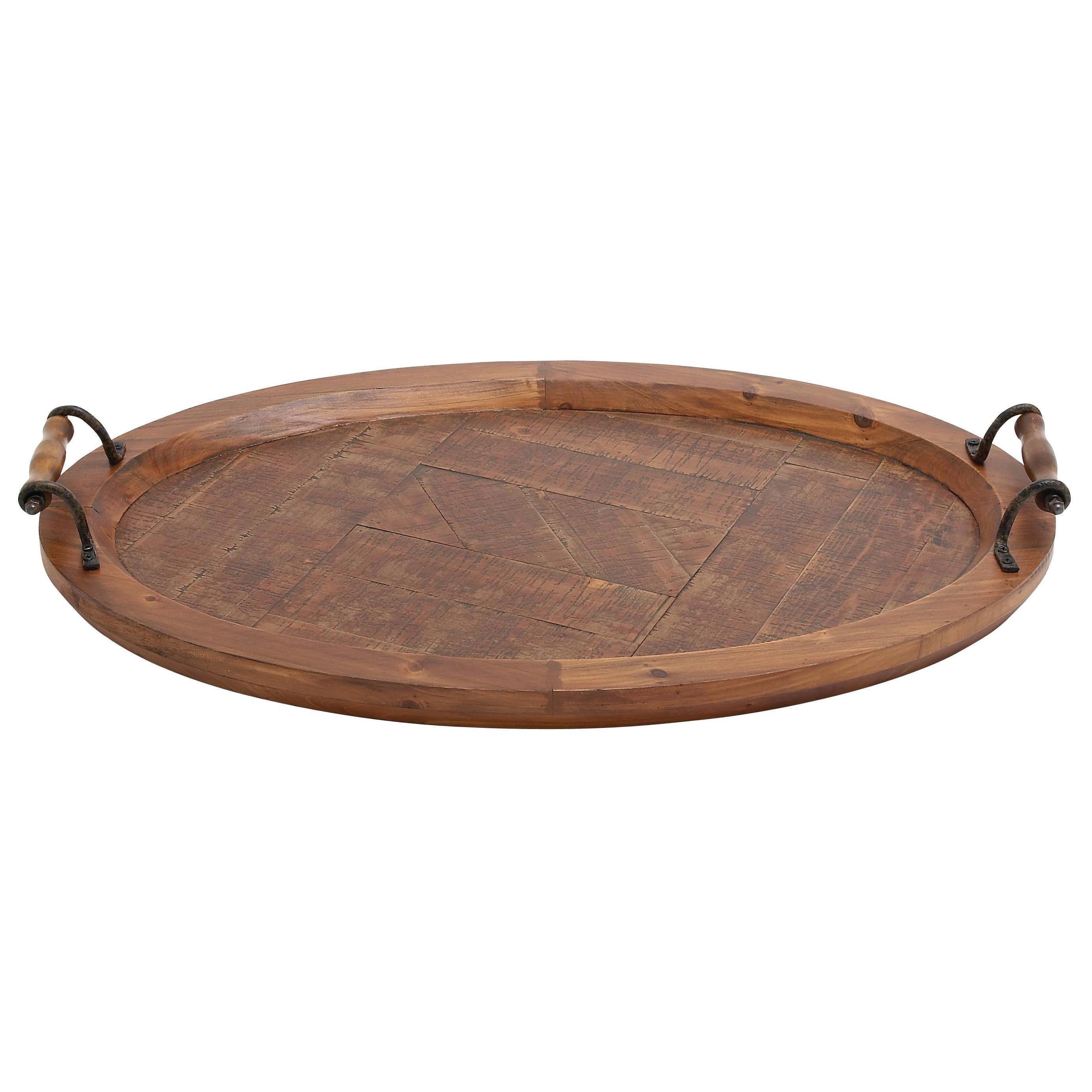 Rustic Brown Fir Wood Round Tray with Metal Handles