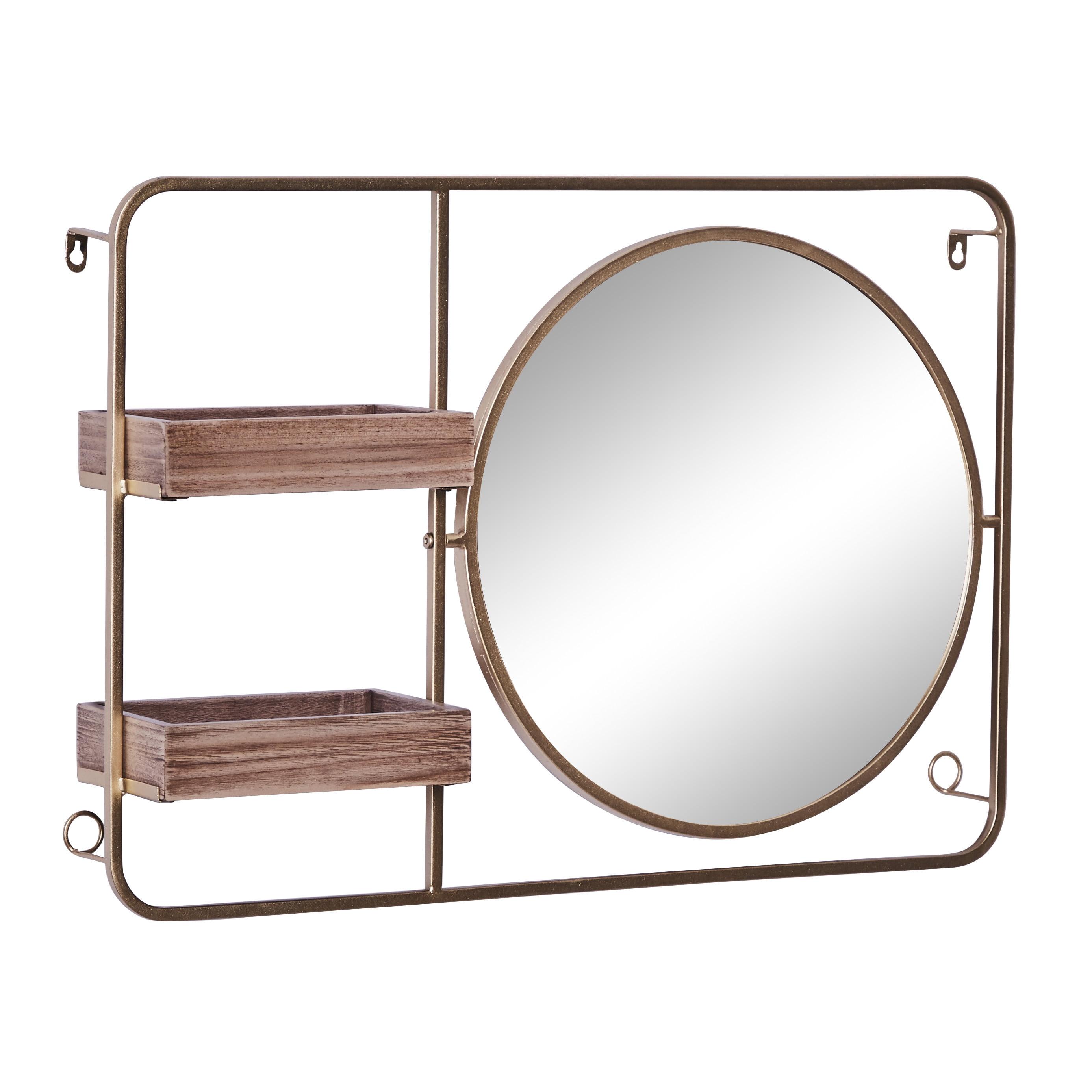 Gold and Wood Industrial Wall Mirror with Shelves