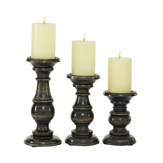 DecMode 3 Candle Black Mango Wood Distressed Turned Pillar Candle Holder, Set of 3