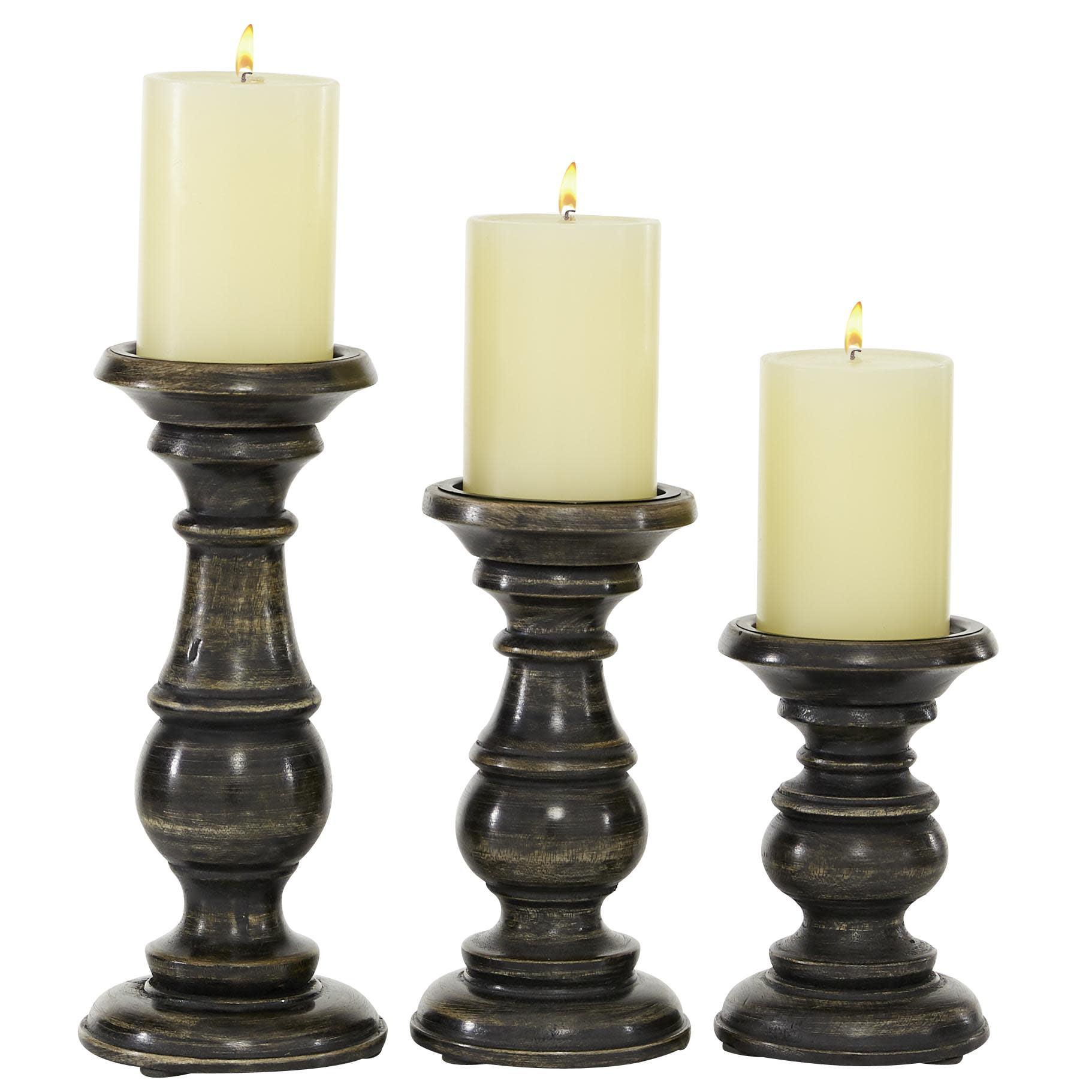 DecMode 3 Candle Black Mango Wood Distressed Turned Pillar Candle Holder, Set of 3