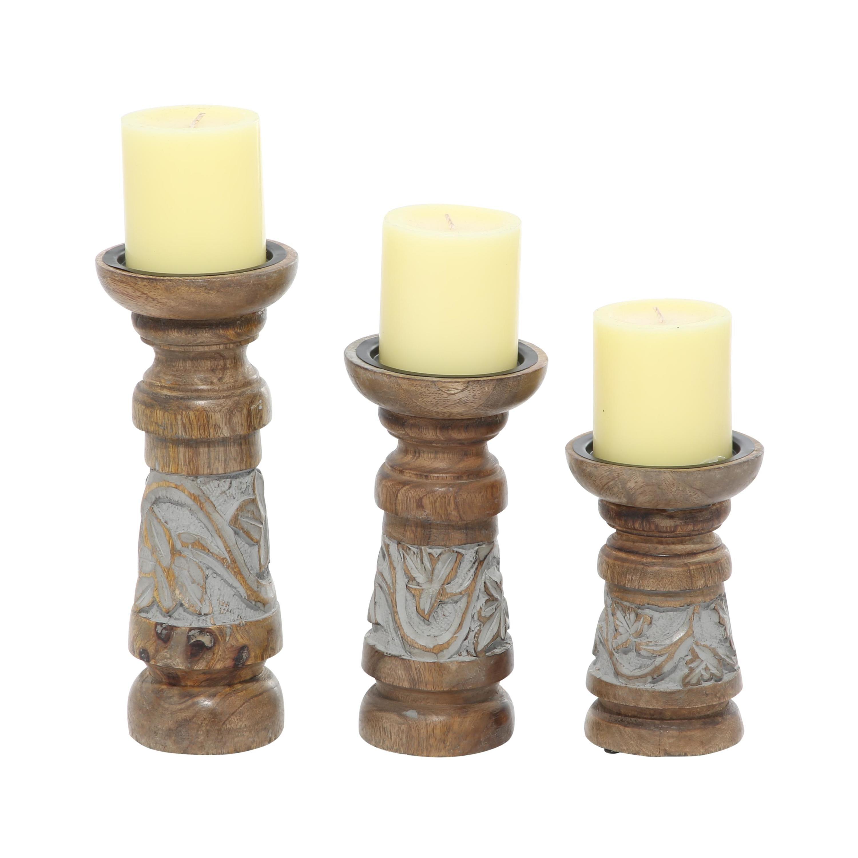 DecMode 3 Candle Brown Wood Candle Holder, Set of 3