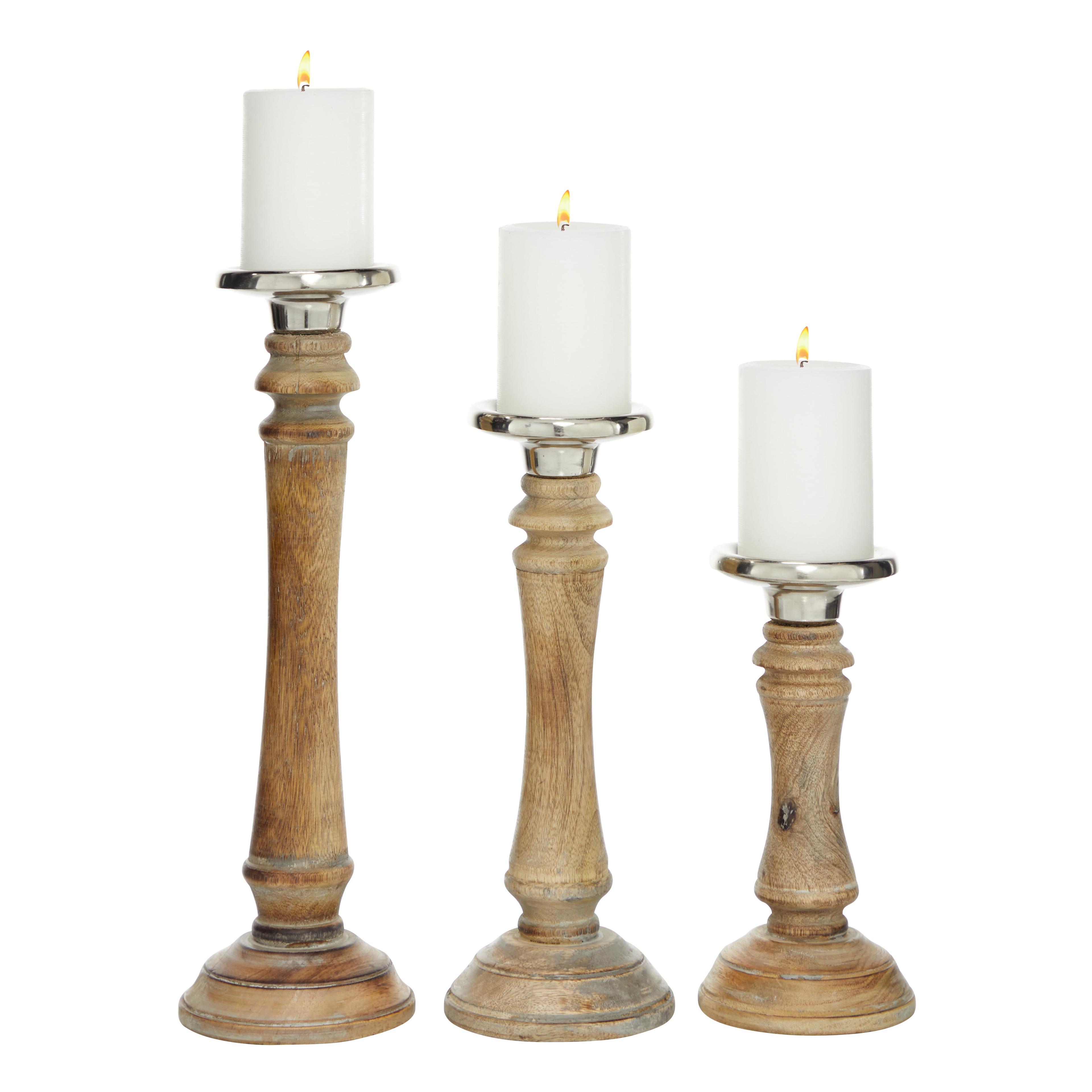 Elegant Mango Wood 9'' Traditional Candlestick Set in Brown