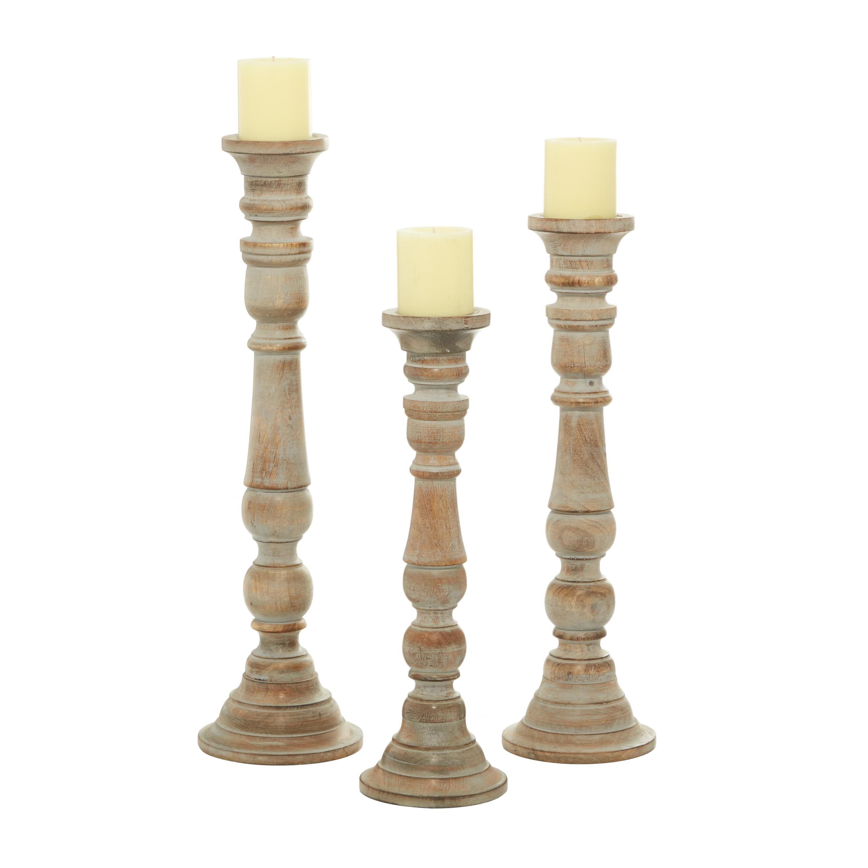 DecMode 3 Candle Brown Mango Wood Handmade Candle Holder with Turned Style, Set of 3