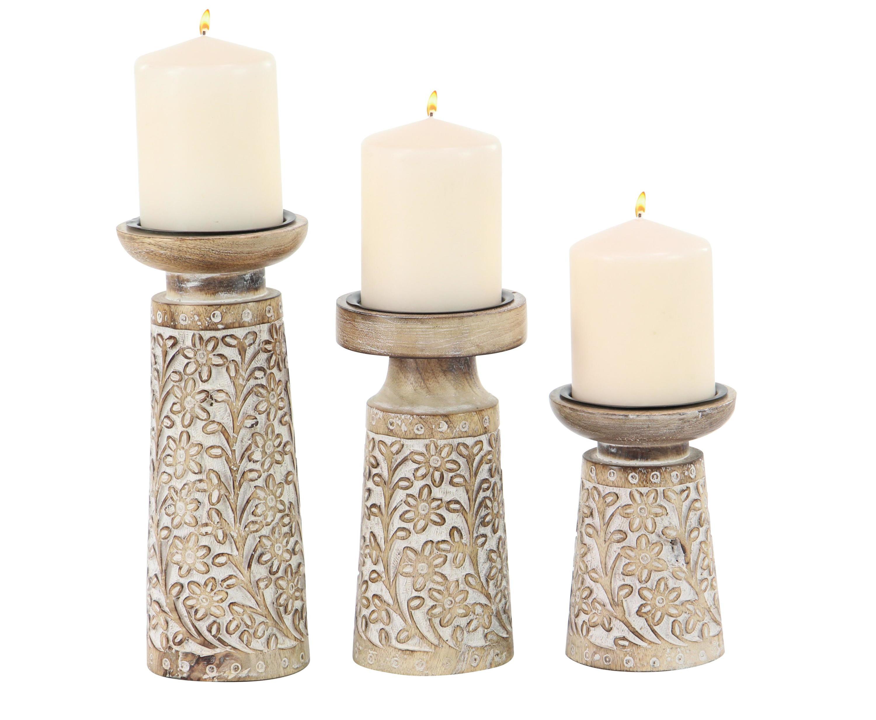 Gracie Oaks Mango Wood Floral Handmade Decorative Candle Holder Carved Pillar Candle Stand With Cream Accents, Set Of 3 Candlestick Holder 6", 8", 10"H, Brown