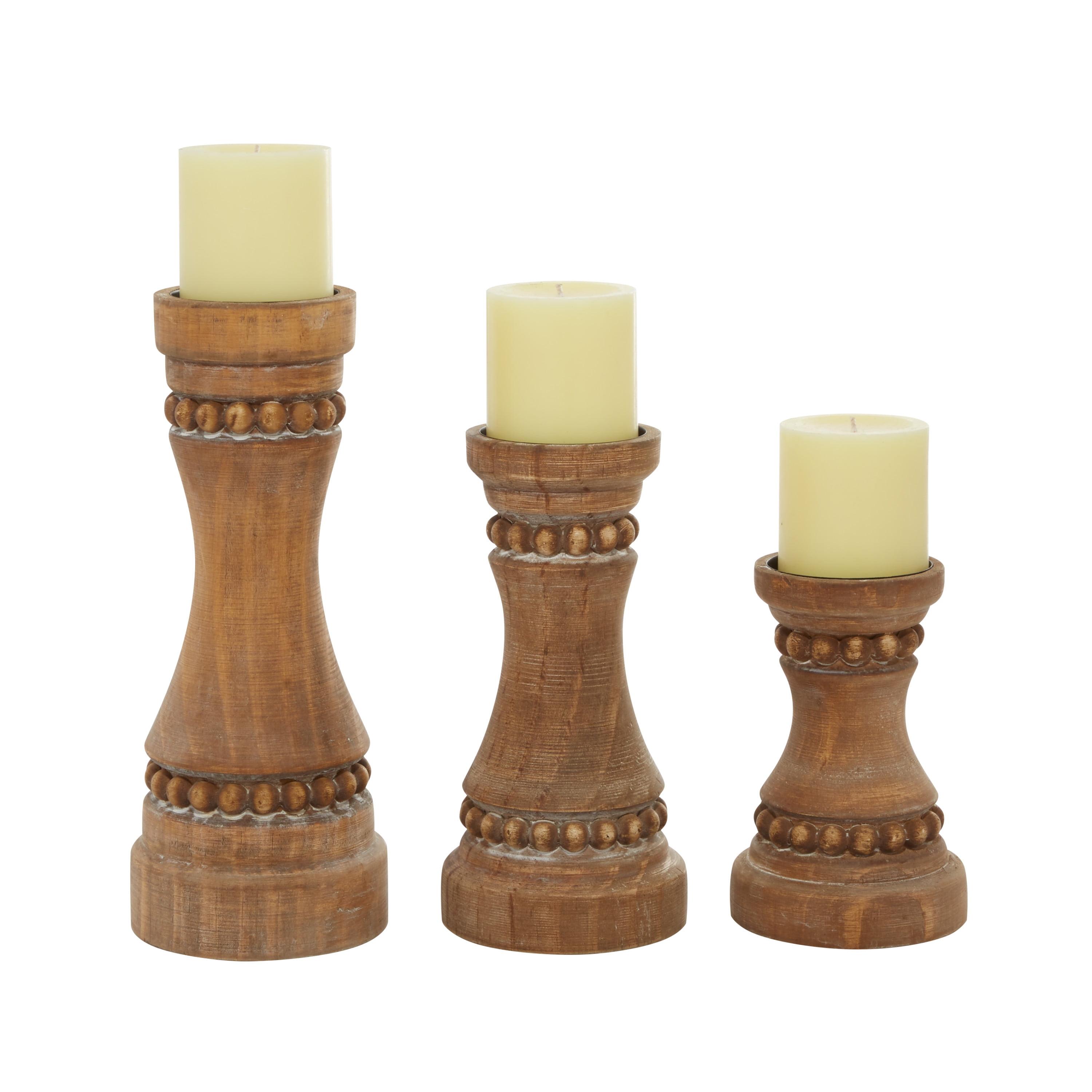 Rustic Farmhouse Brown Beaded Wood Candelabra Set, 3 Sizes