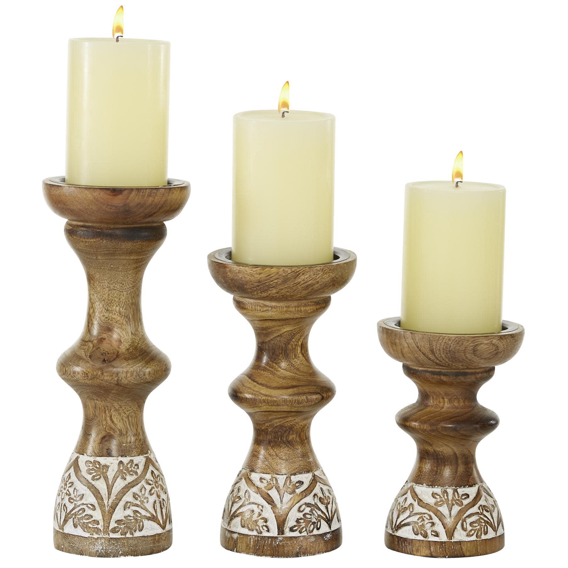 Boho-Chic Weathered Wood Pillar Candle Stick Set