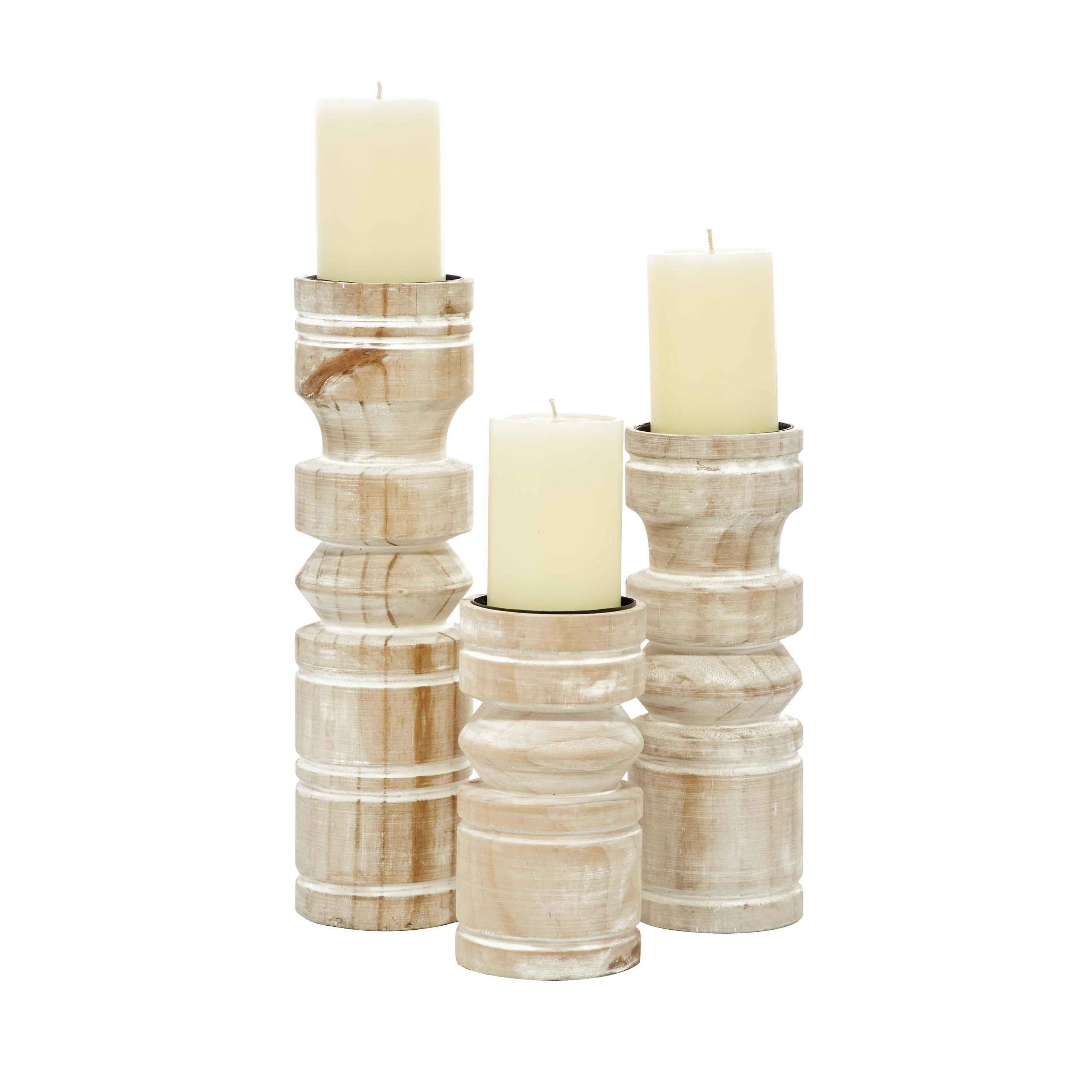 Brown Wood Pillar Candle Holder Set with White Wash Finish