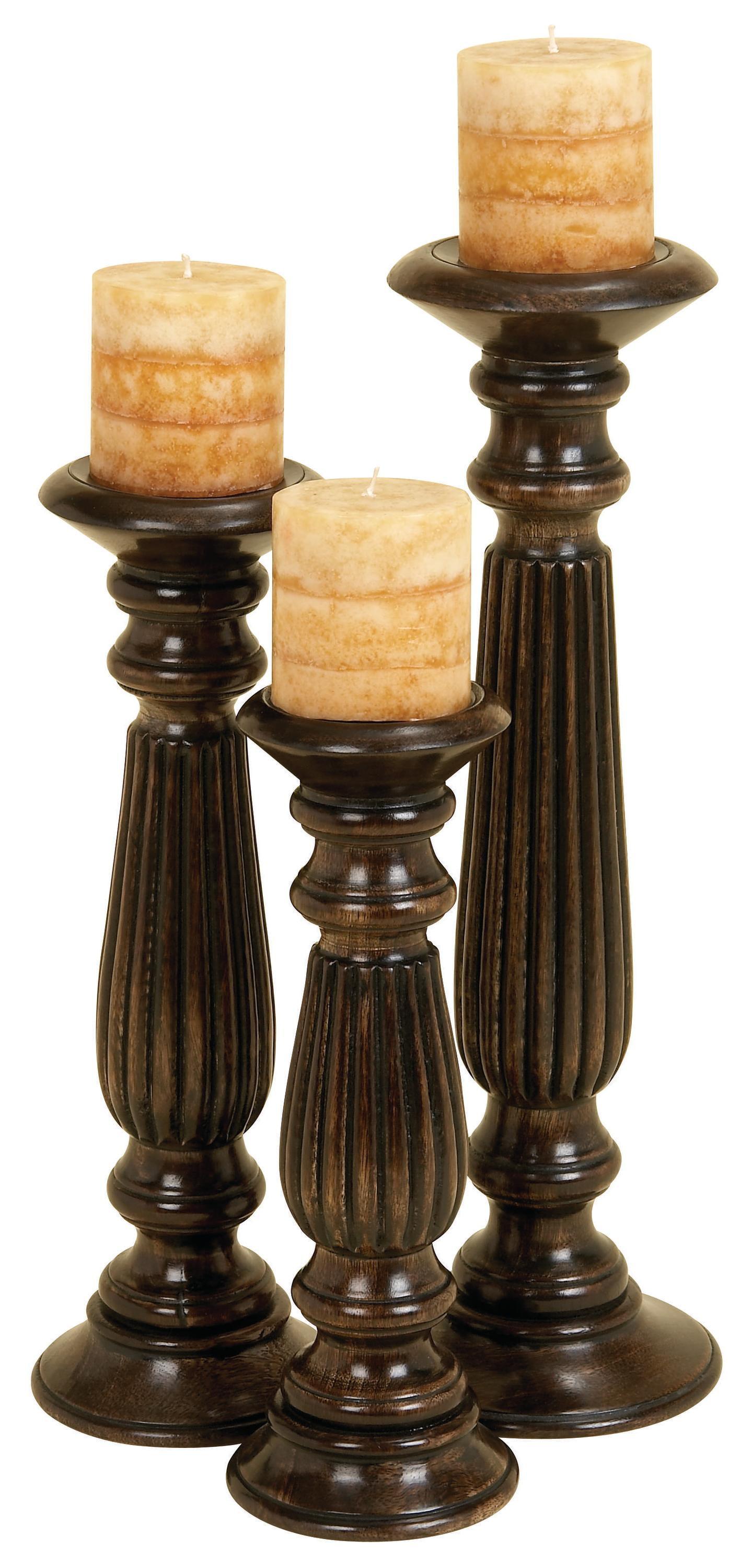 Olivia & May Traditional Candle Holder Set of 3 - Brown : Mango Wood, Elegant Tabletop Decor