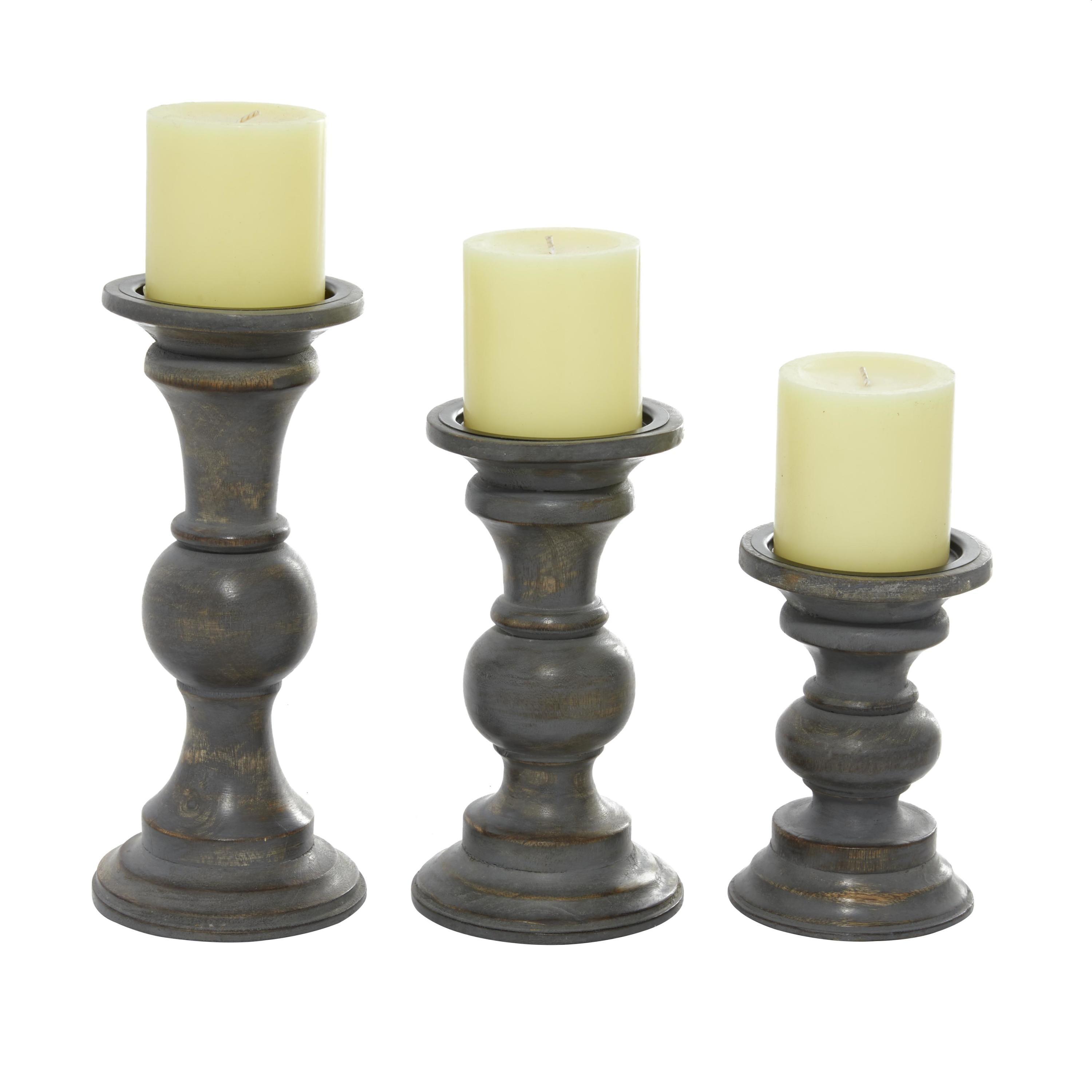 Dark Brown Matte Wood Pillar Candle Holders Set of 3