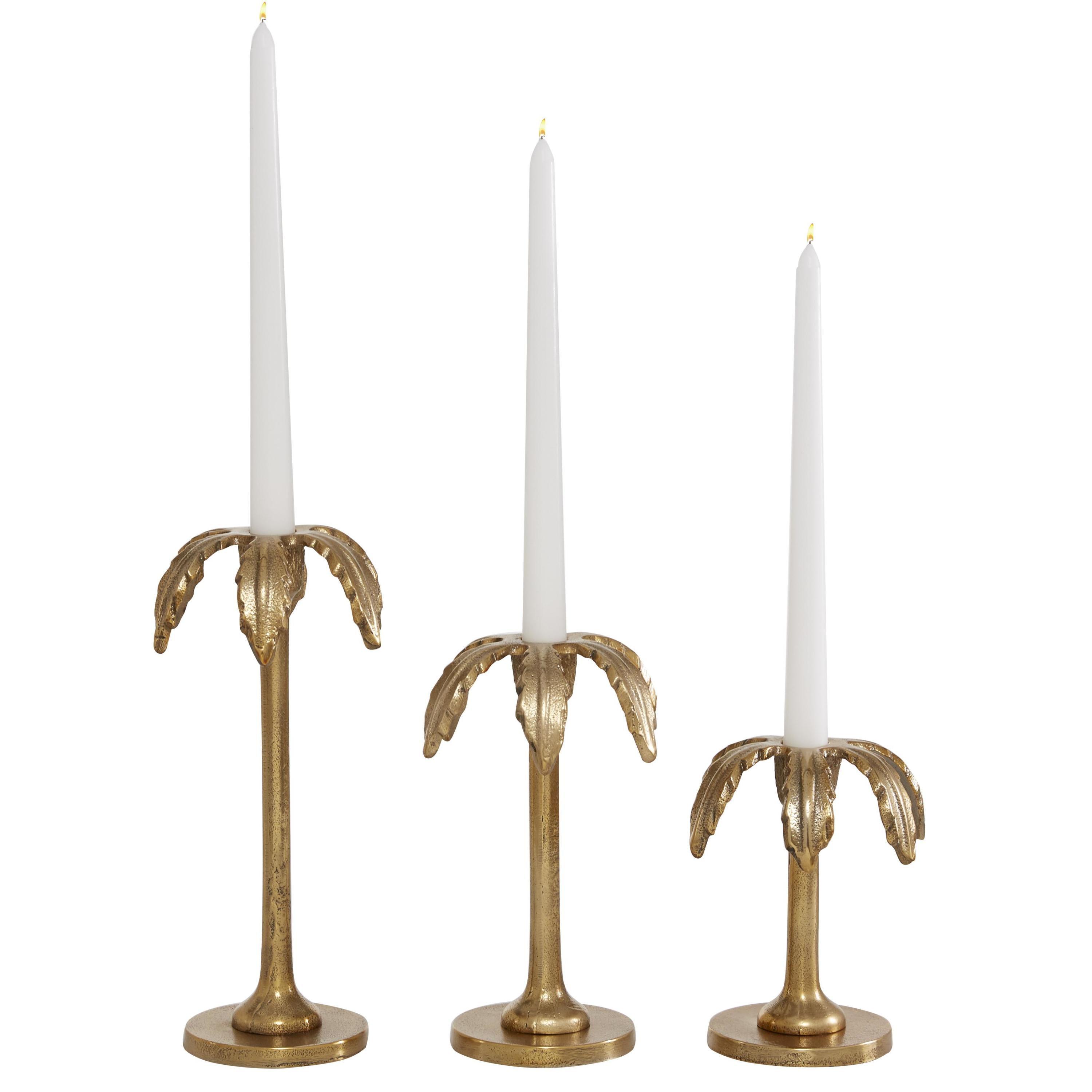 Gold Aluminum Palm Tree Taper Candle Holders Set of 3