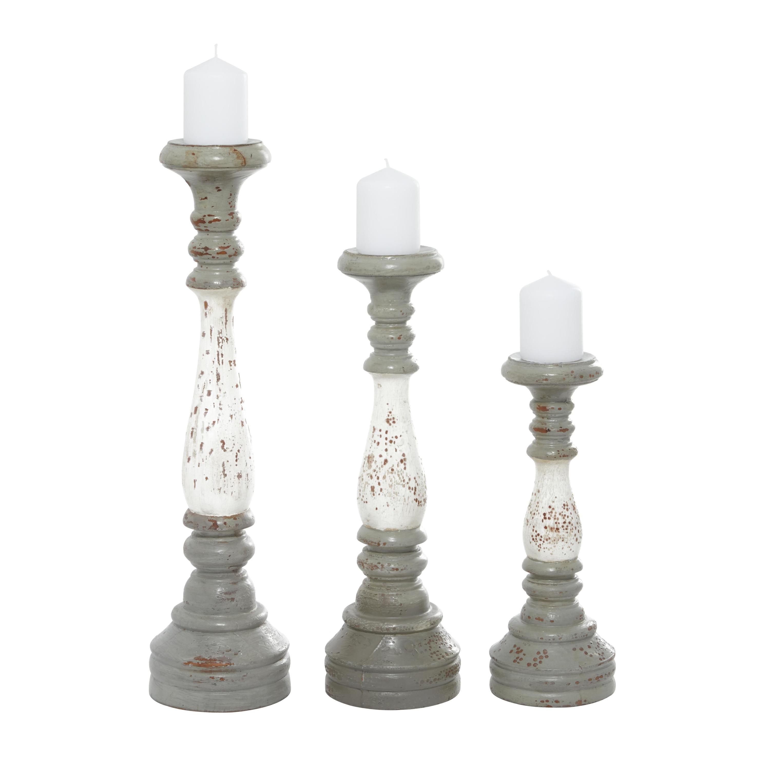 Gray and White Distressed Wood Pillar Candle Holders, Set of 3