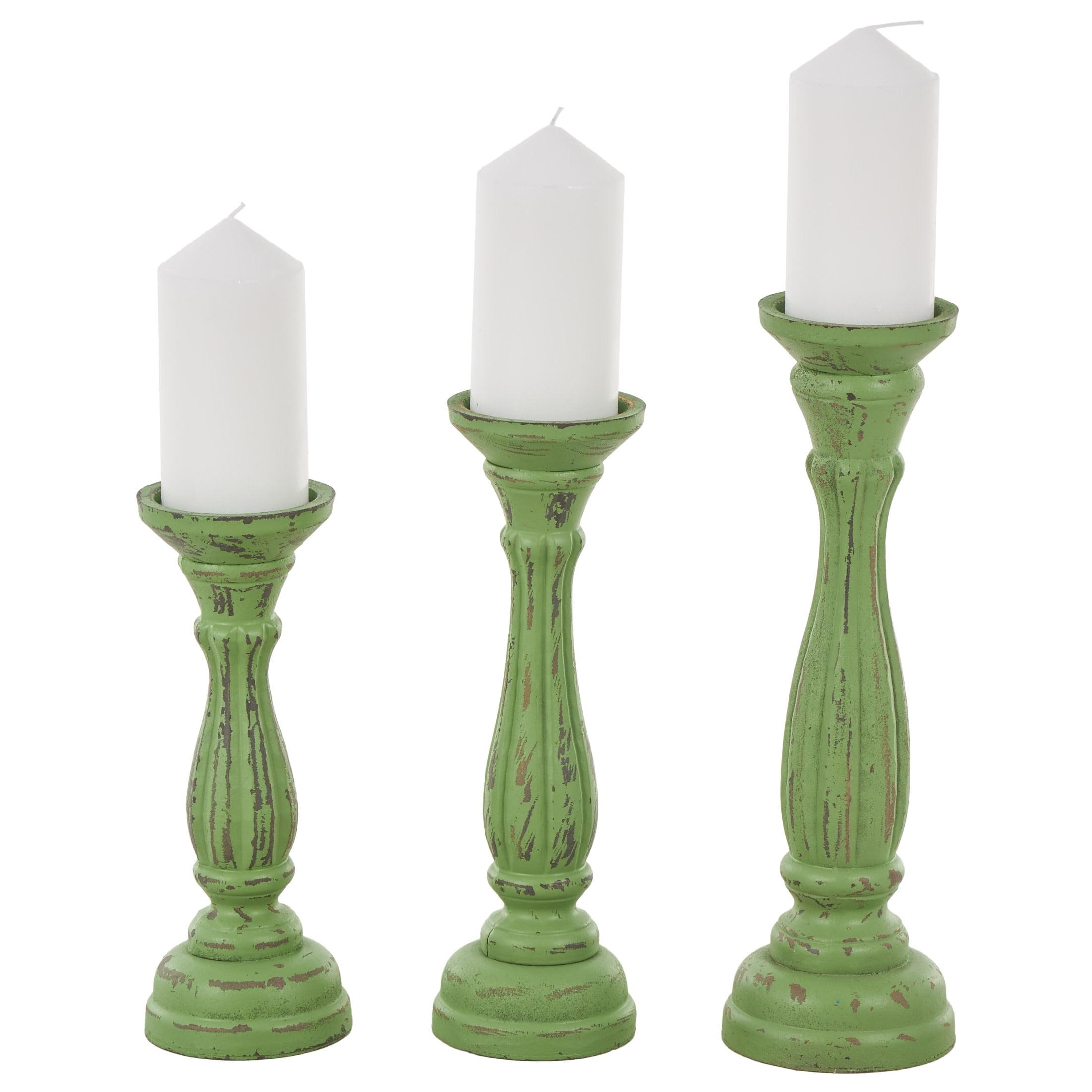 DecMode 3 Candle Green Wooden Distressed Turned Pillar Candle Holder, Set of 3