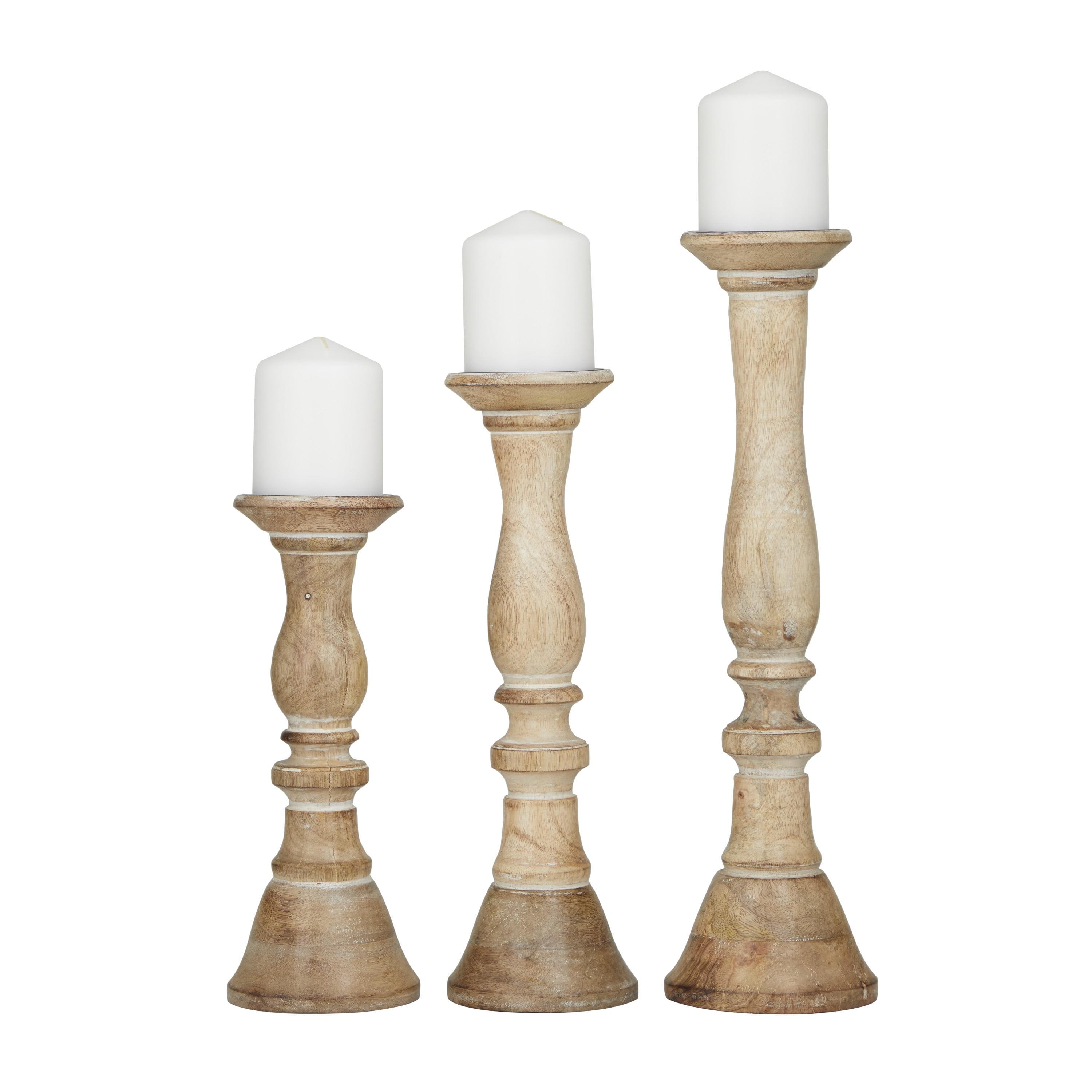 Light Brown Mango Wood 3-Piece Traditional Candelabra Set