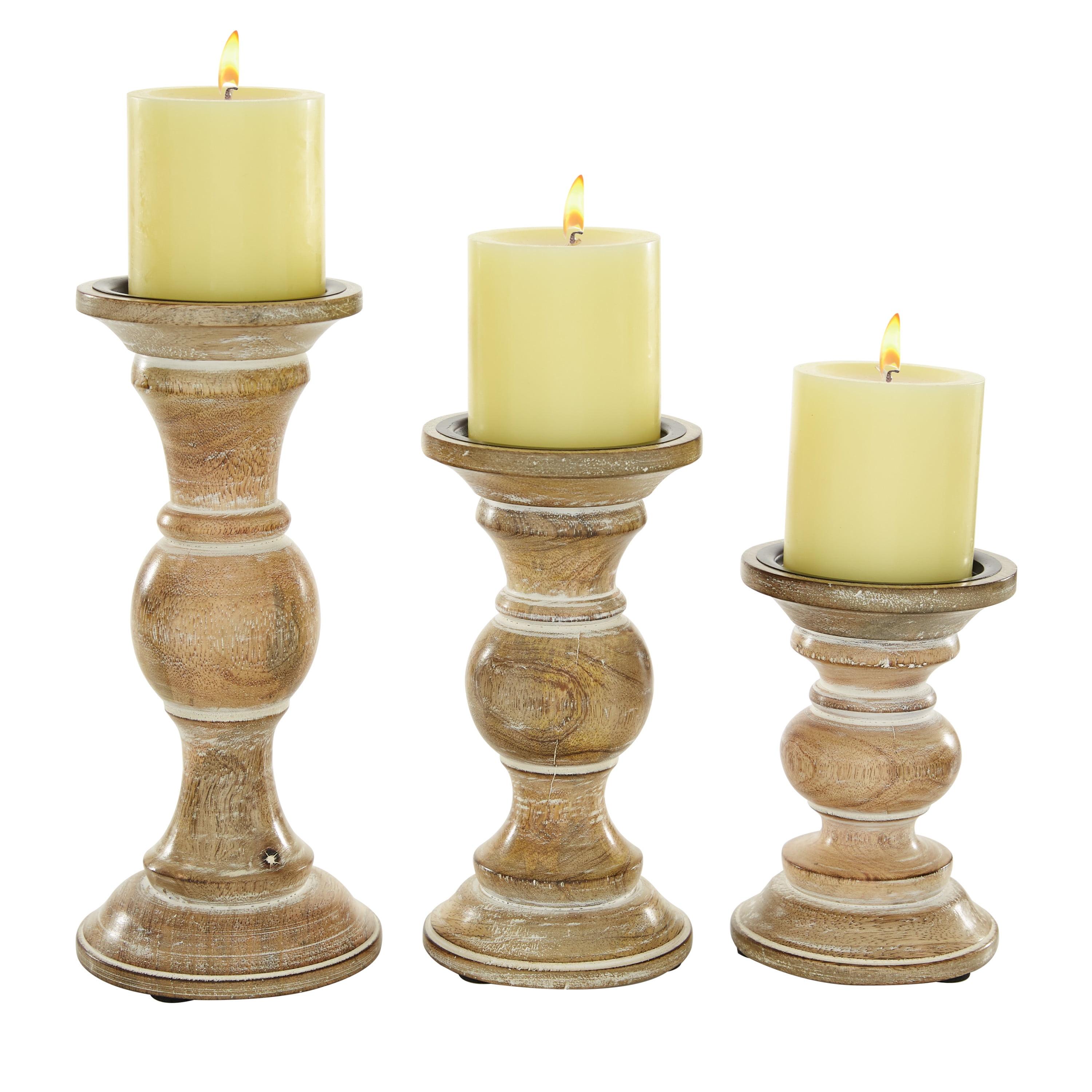 Distressed Light Brown Mango Wood Candle Holder Set