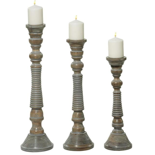 Mango Wood Handmade Decorative Light Gray Candle Holder Set (Set of 3)