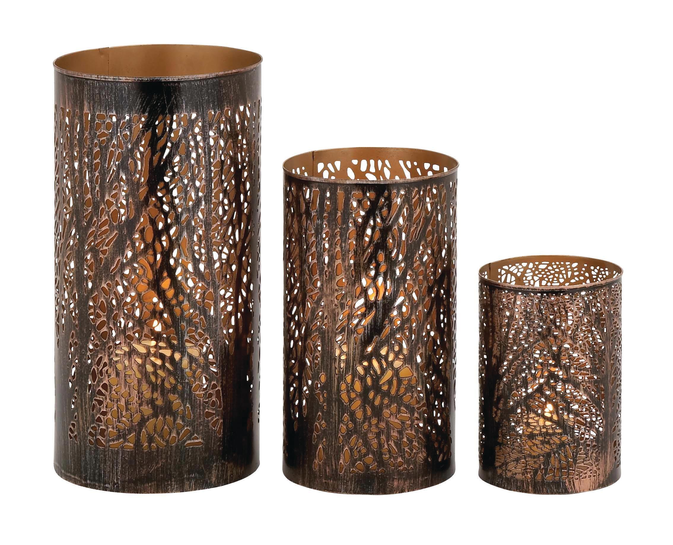 Set of 3 Leafy Cylindrical Contemporary Metal Candle Holders - Olivia & May