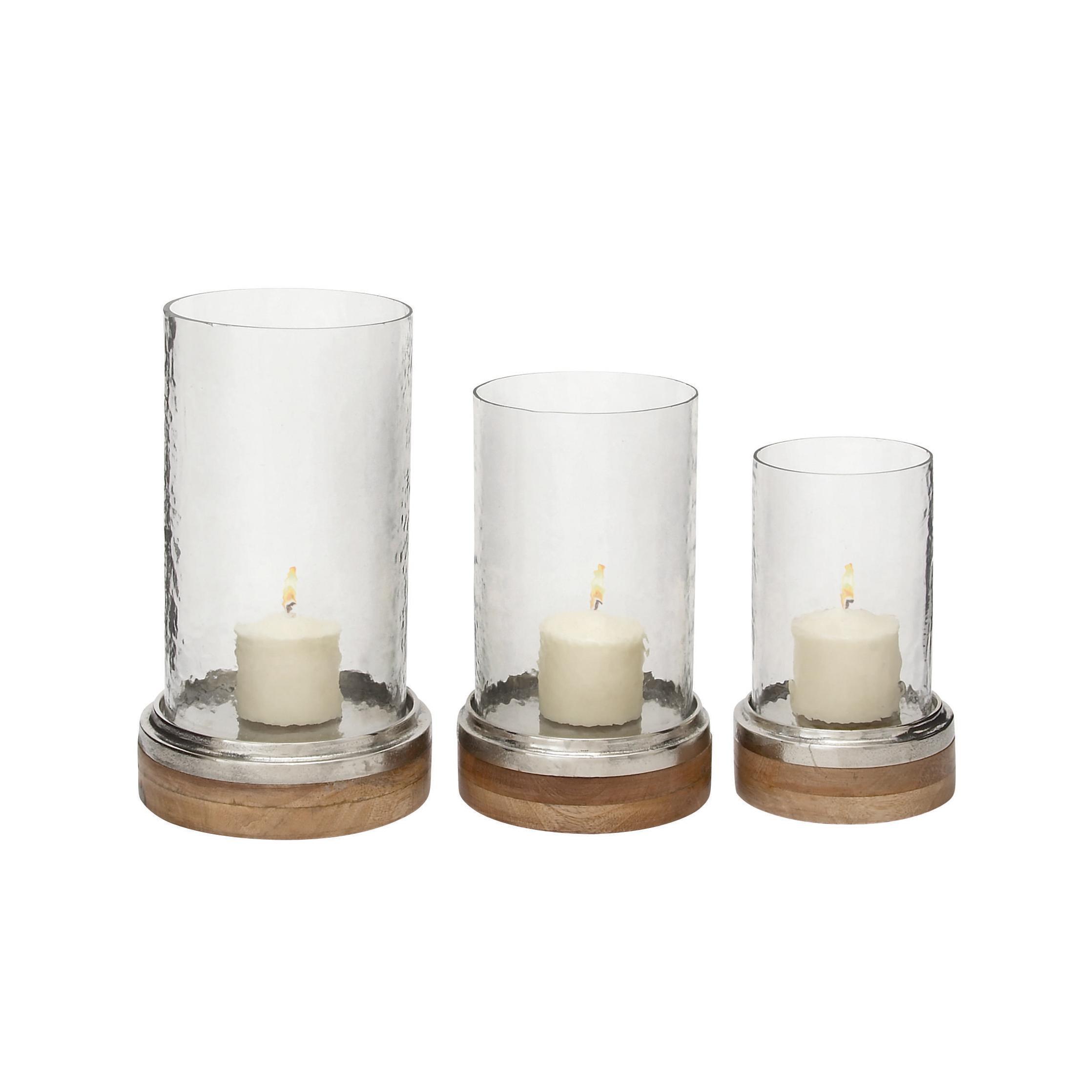 Set of 3 Mango Wood and Aluminum Candle Holders - Olivia & May