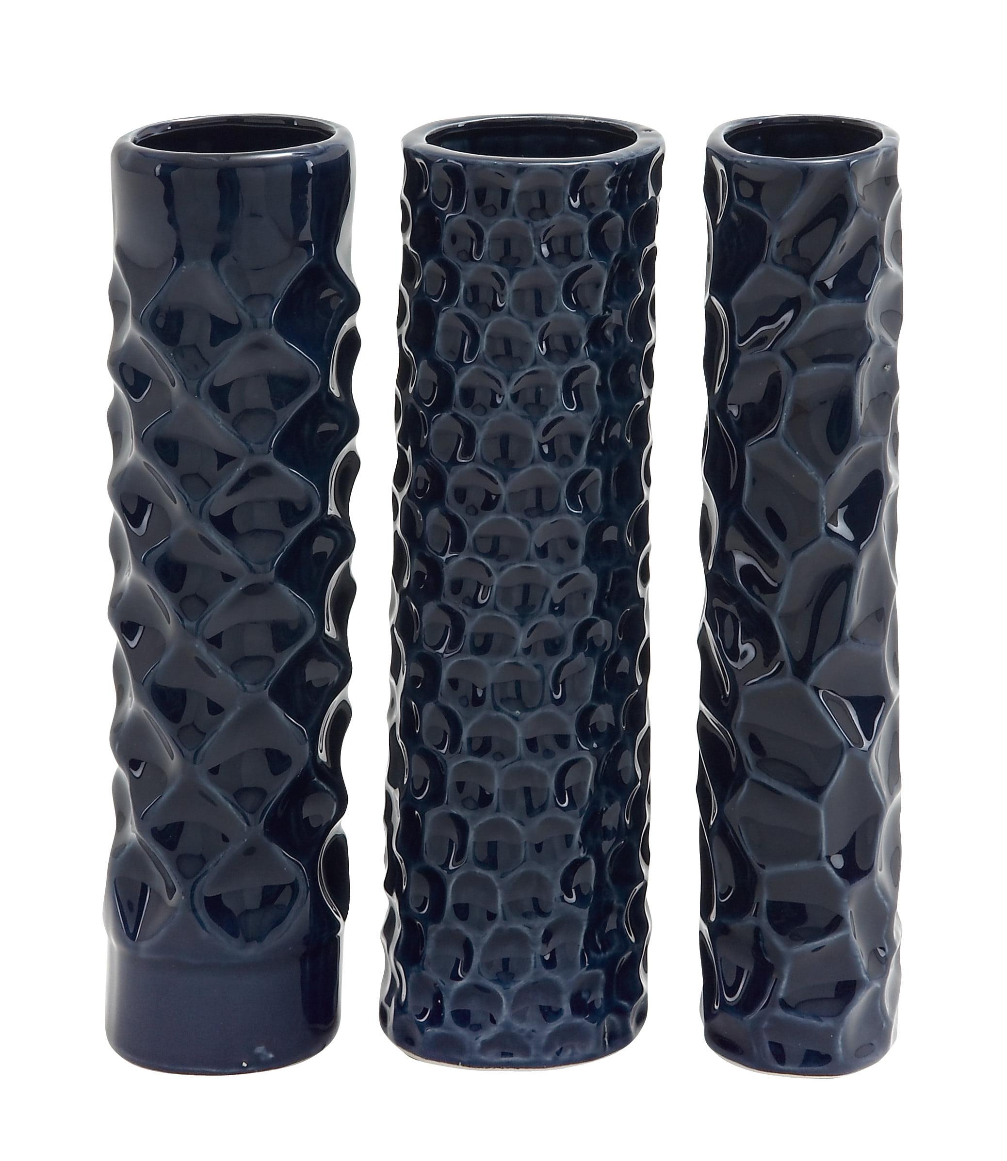 DecMode 3"W, 12"H Dark Blue Ceramic Vase with Varying Patterns, Set of 3