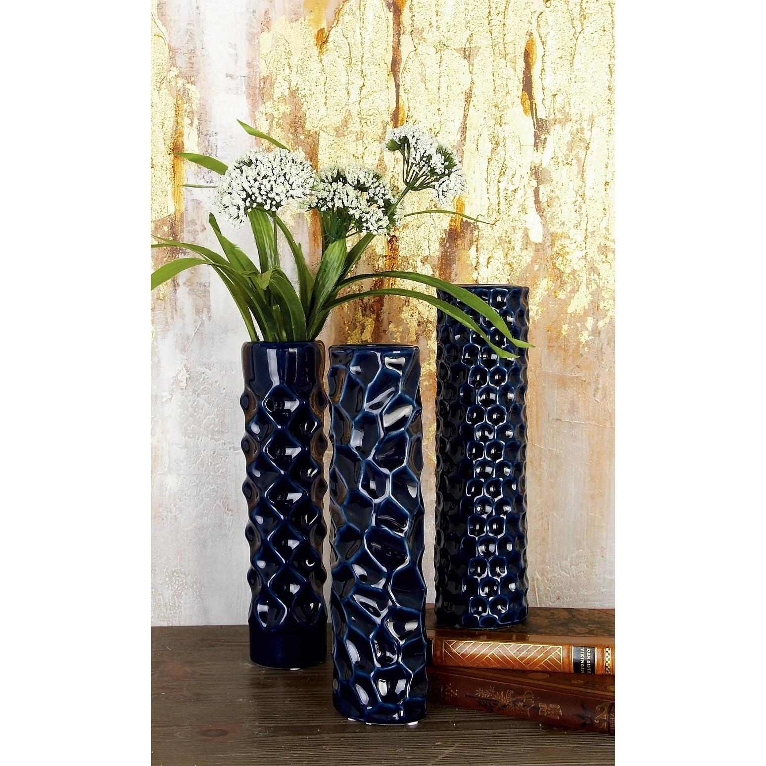 DecMode 3"W, 12"H Dark Blue Ceramic Vase with Varying Patterns, Set of 3