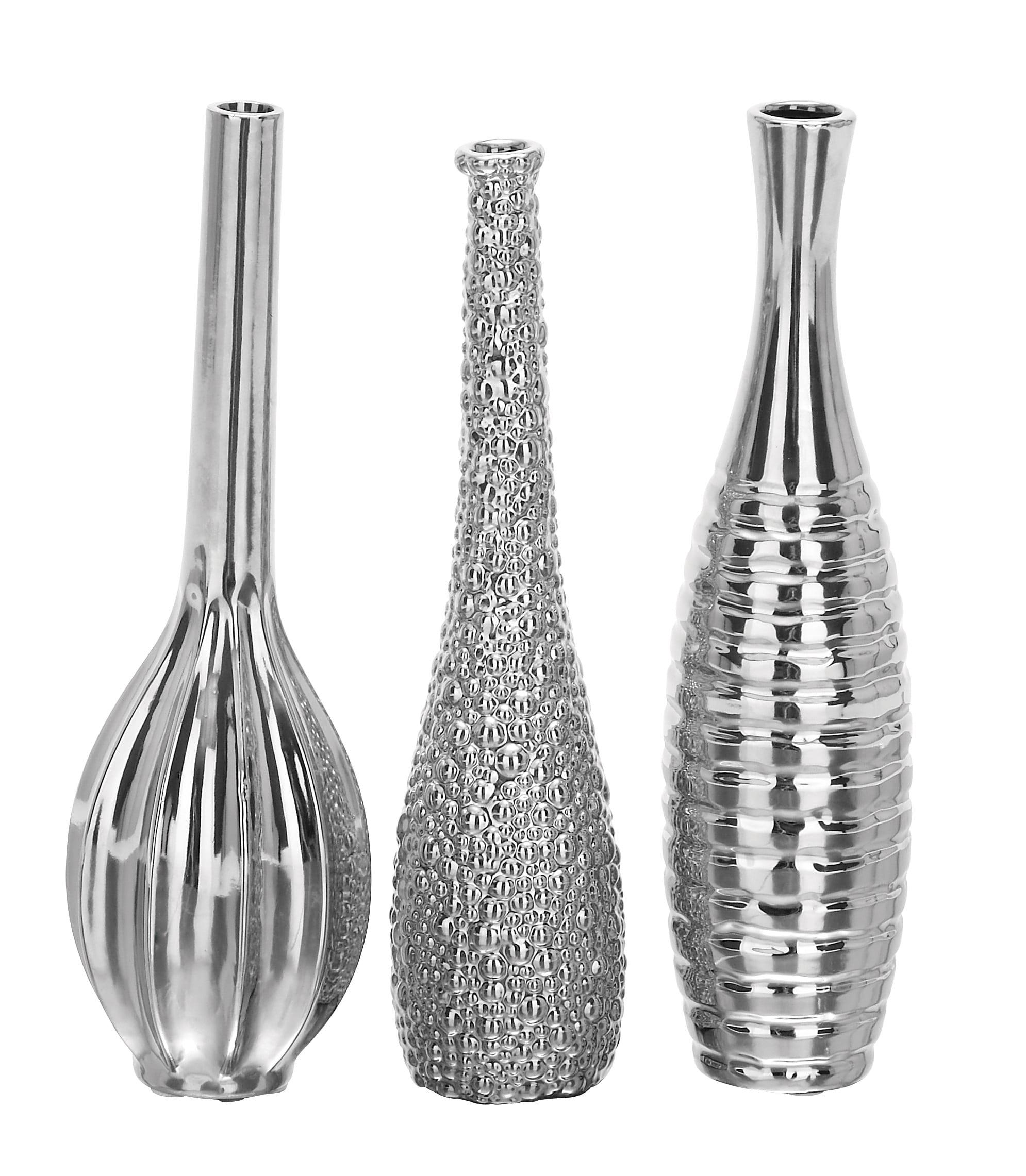 Elegant Trio Silver Ceramic Vase Set with Textured Finish