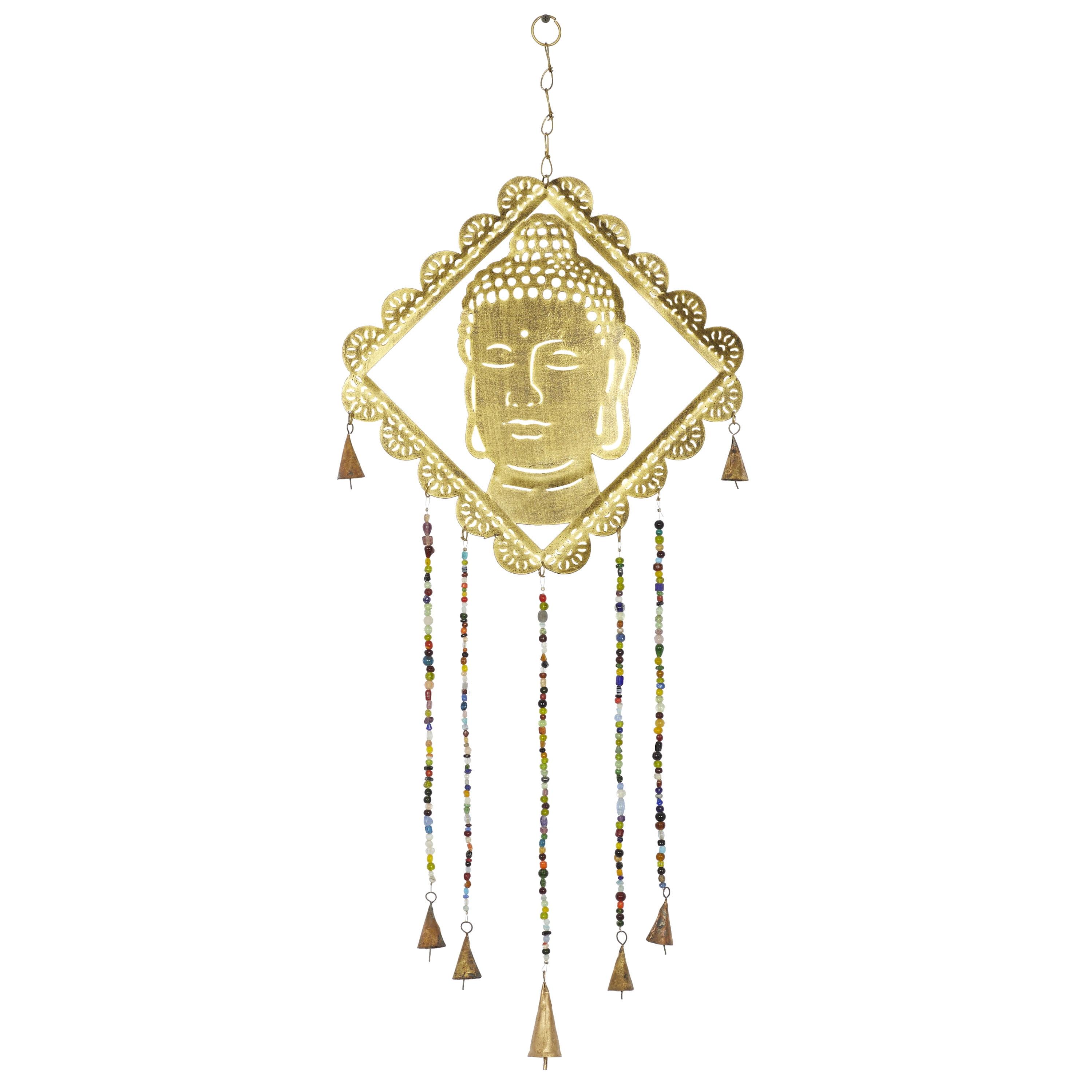 Gold Metal Buddha Windchime with Glass Beads and Cone Bells