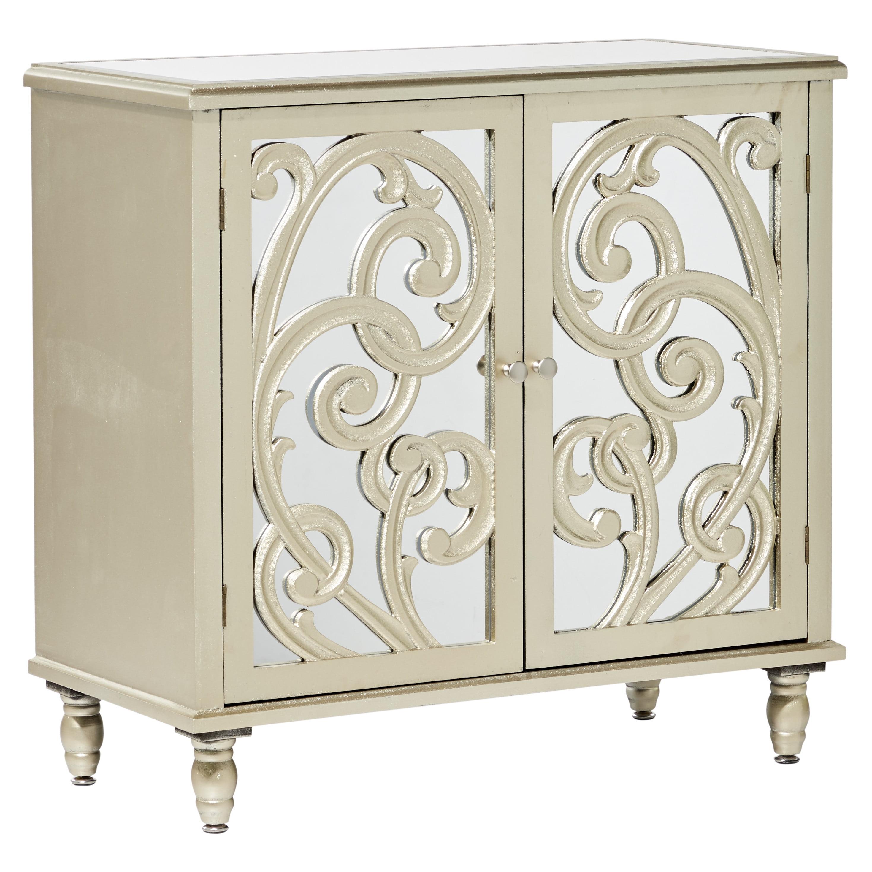 Champagne Intricately Carved Wood Cabinet with Mirrored Doors