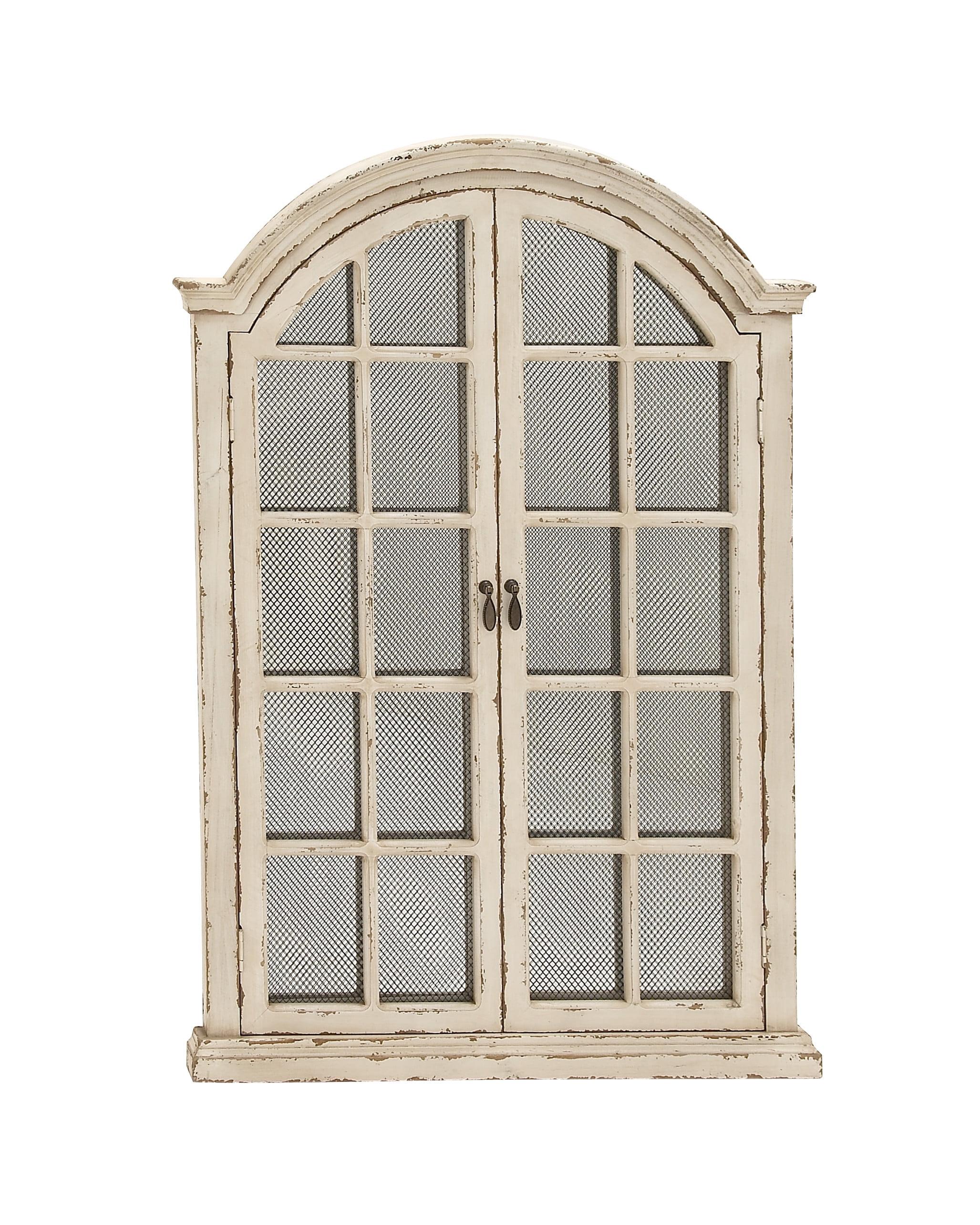 Cream Wood Windowpane Arched Wall Mirror with Distressed Finish