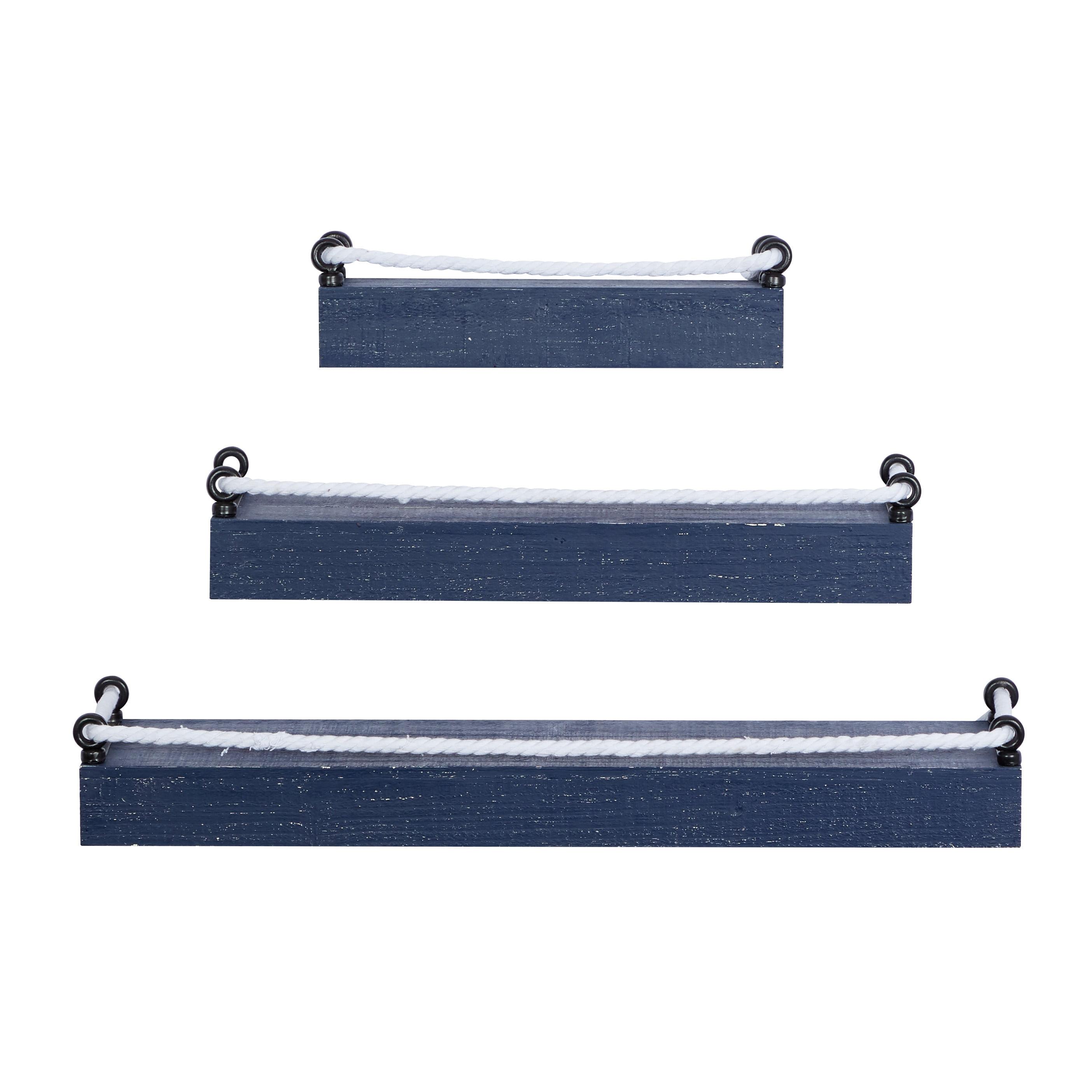 Blue and White Nautical Wood Floating Wall Shelves, Set of 3