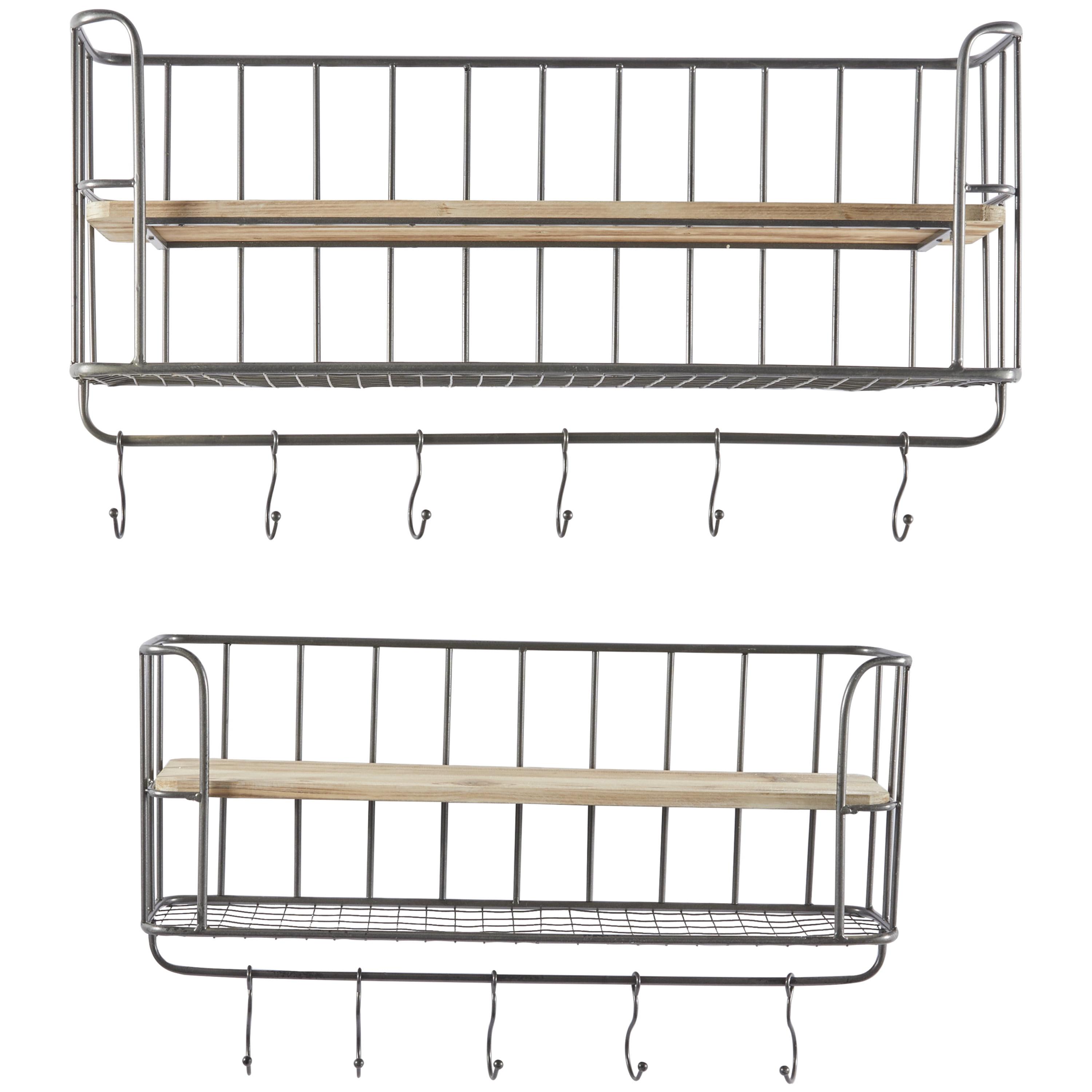 Gray Iron and Wood Wall Shelf with Hooks, Set of 2