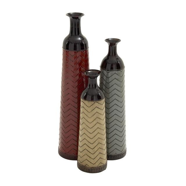 DecMode 32", 27", 22"H Tall Enameled Bottleneck Floor Multi Colored Metal Vase with Chevron Pattern, Set of 3