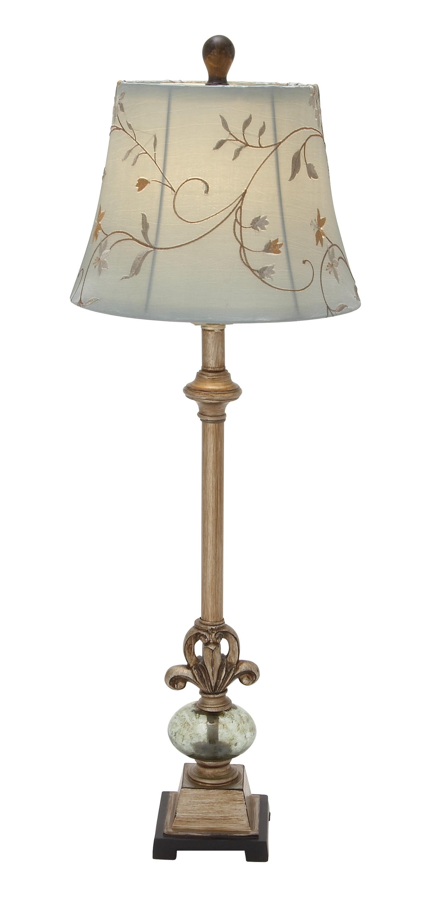 DecMode 32" Antique Style Floral Brass Buffet Lamp with Blue Linen Shade