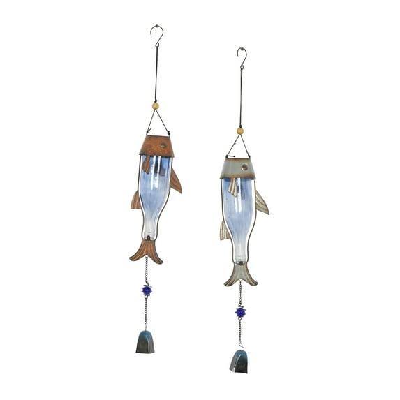 DecMode 32" Blue Metal Fish Windchime with Glass Bottle Body and Beads (2 Count)