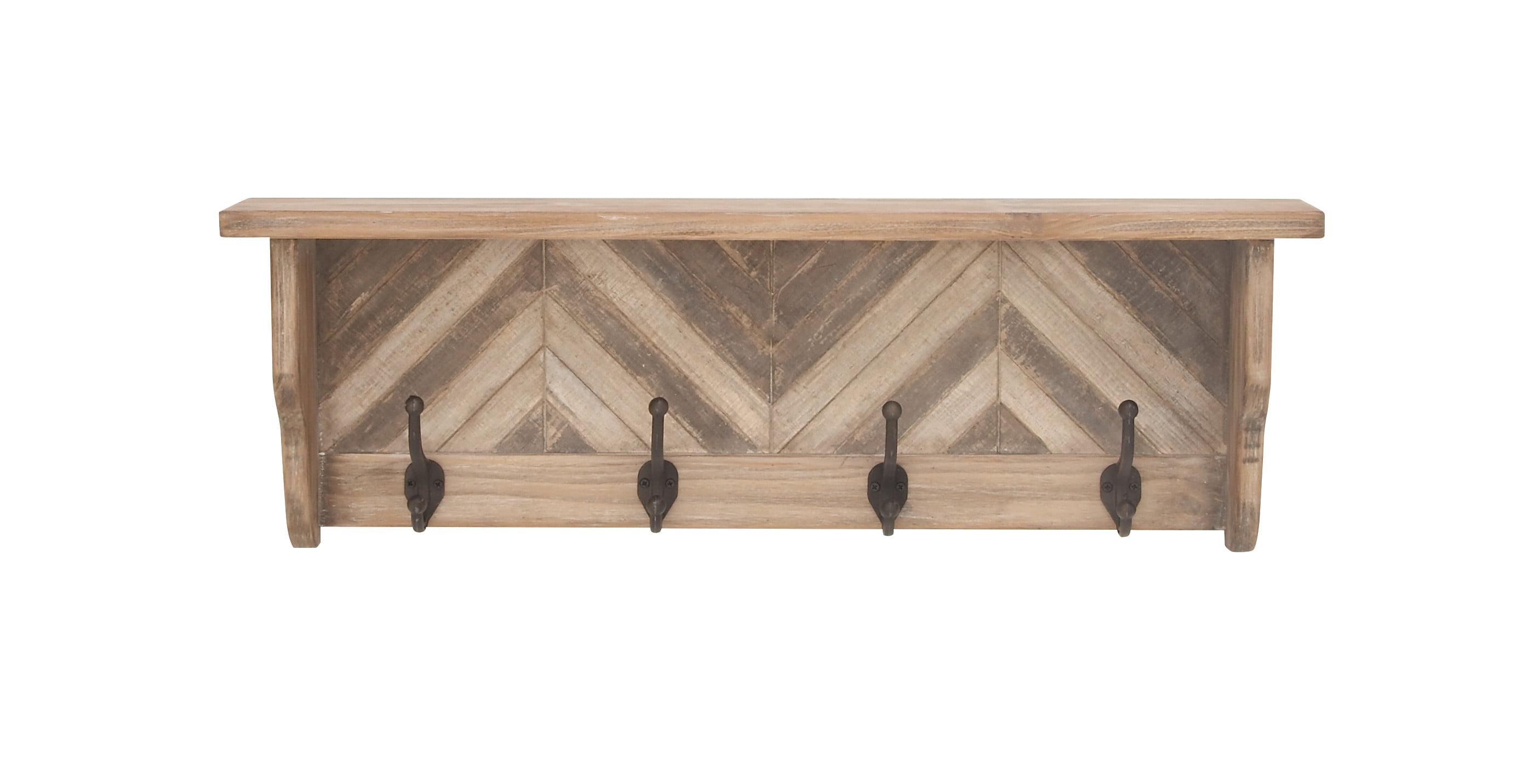 Brown Wood and Metal Chevron Wall Shelf with Hooks