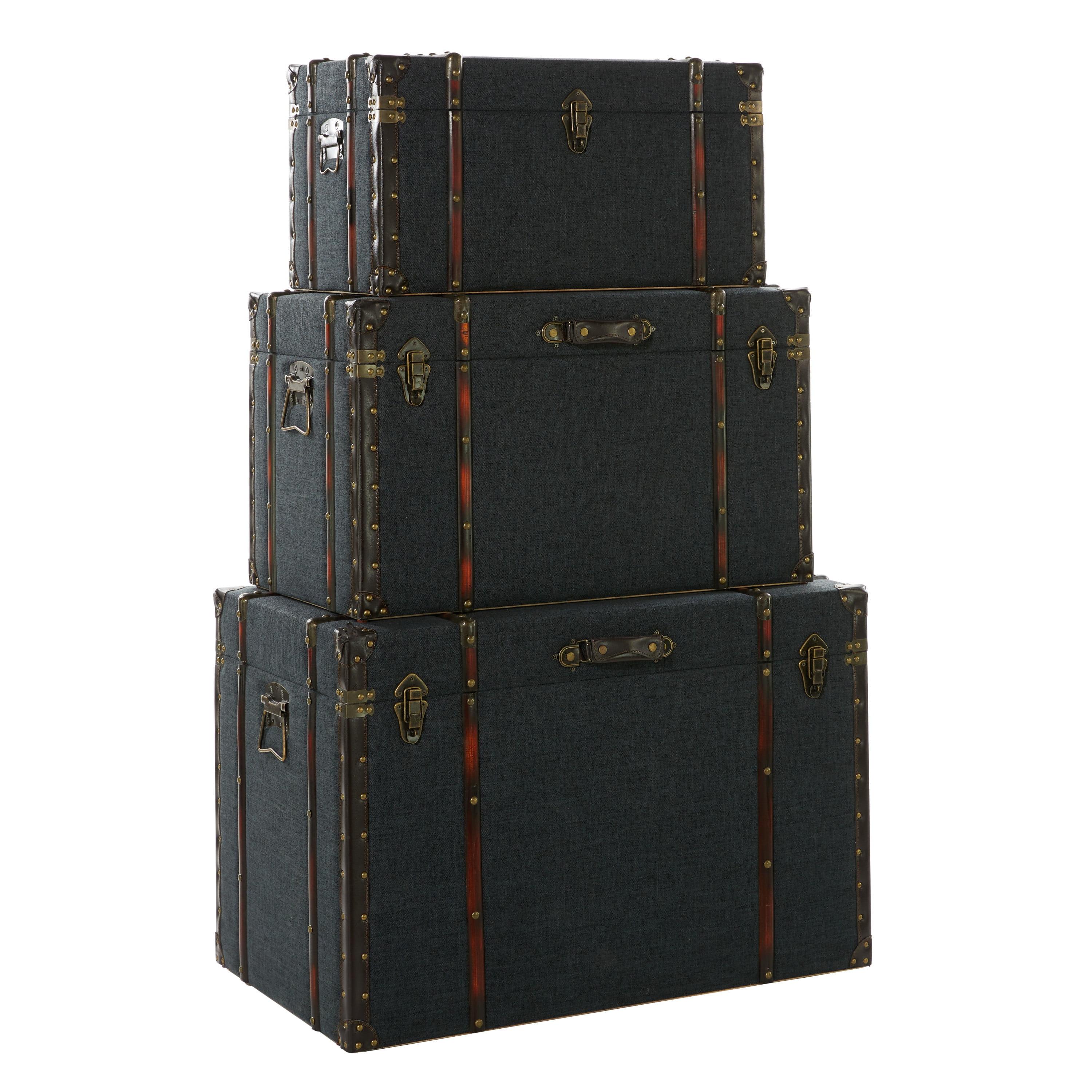 Blue Linen and Brass Accented Nesting Storage Trunks, Set of 3