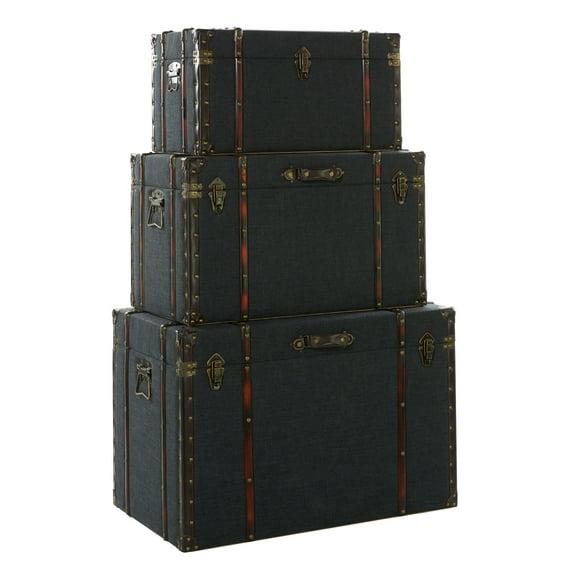 DecMode 24" x 13" Blue Linen Fabric Nesting Upholstered Trunk with Buckle Hinged Top, 3-Pieces