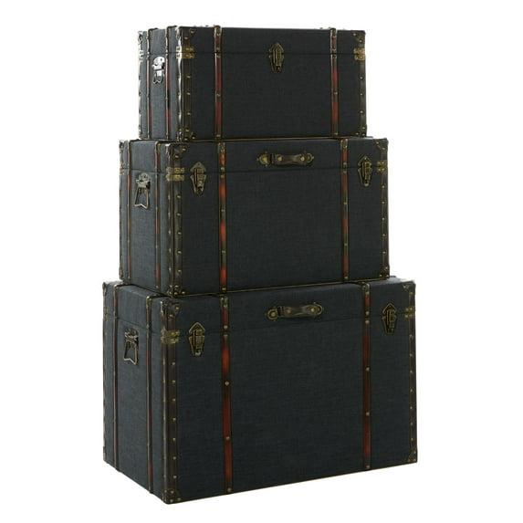DecMode 24" x 13" Blue Linen Fabric Nesting Upholstered Trunk with Buckle Hinged Top, 3-Pieces