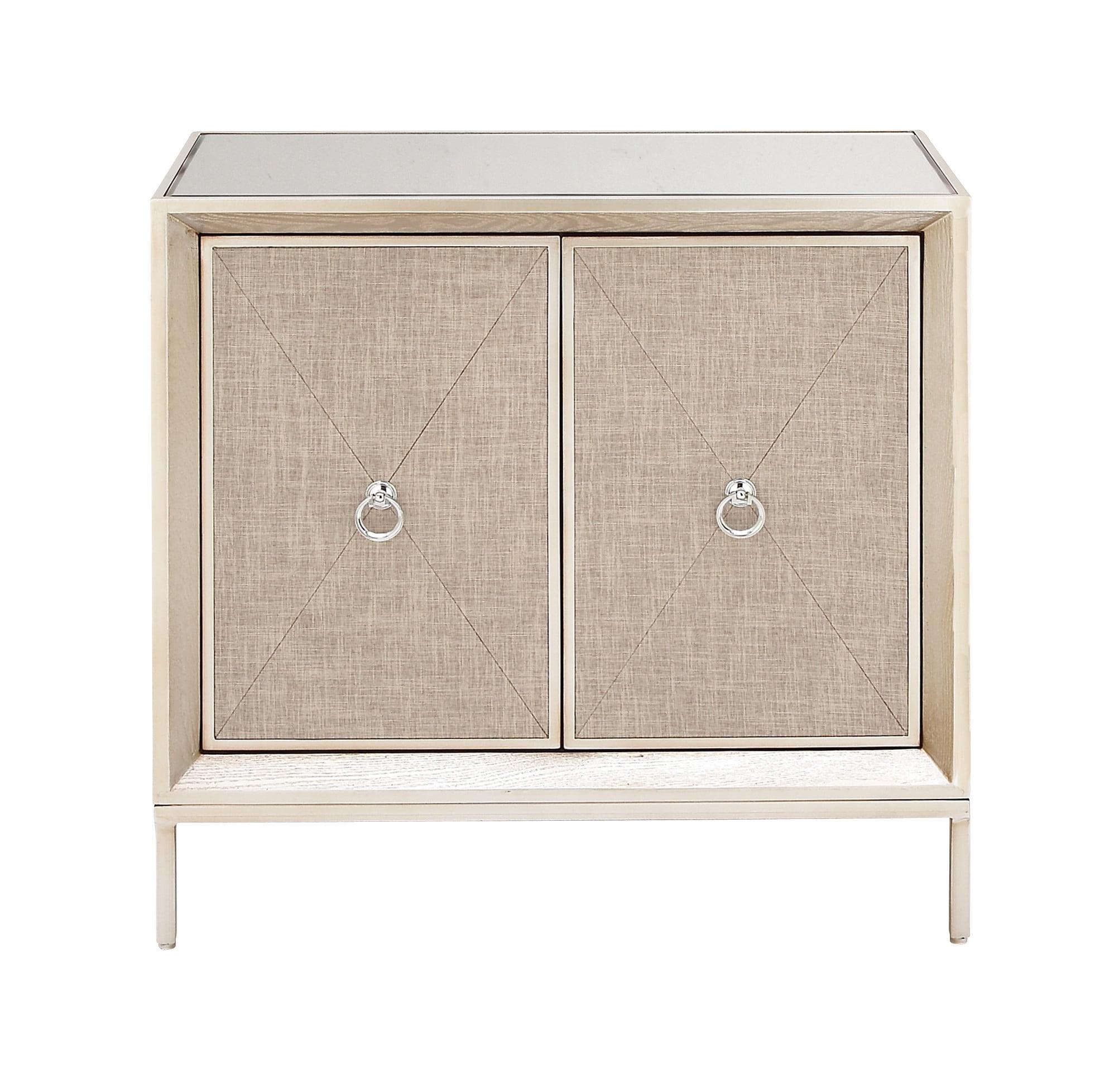 Beige Mirrored Fir Wood Upholstered Accent Cabinet